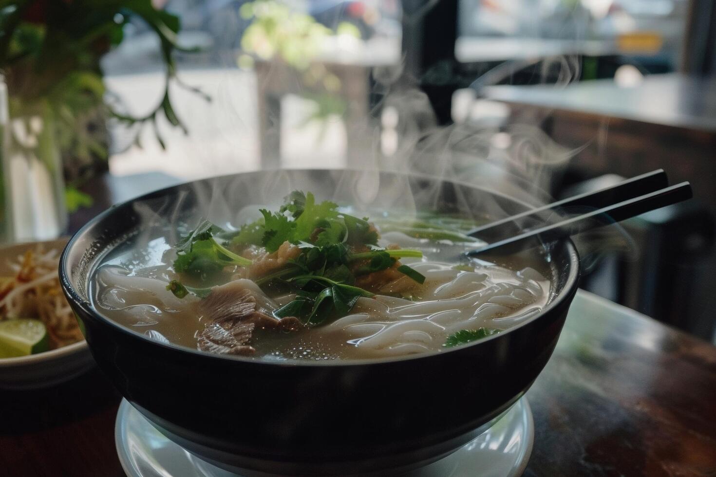 pho met geurig bouillon, rijst- noedels en inschrijving rundvlees stukken foto