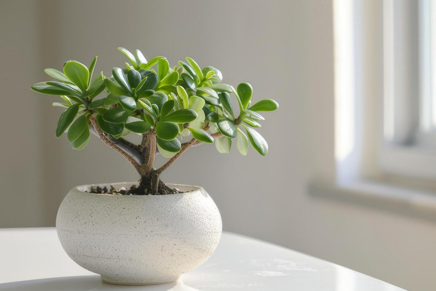 een miniatuur jade fabriek elegant gepositioneerd in een keramisch pot Aan een wit achtergrond. foto