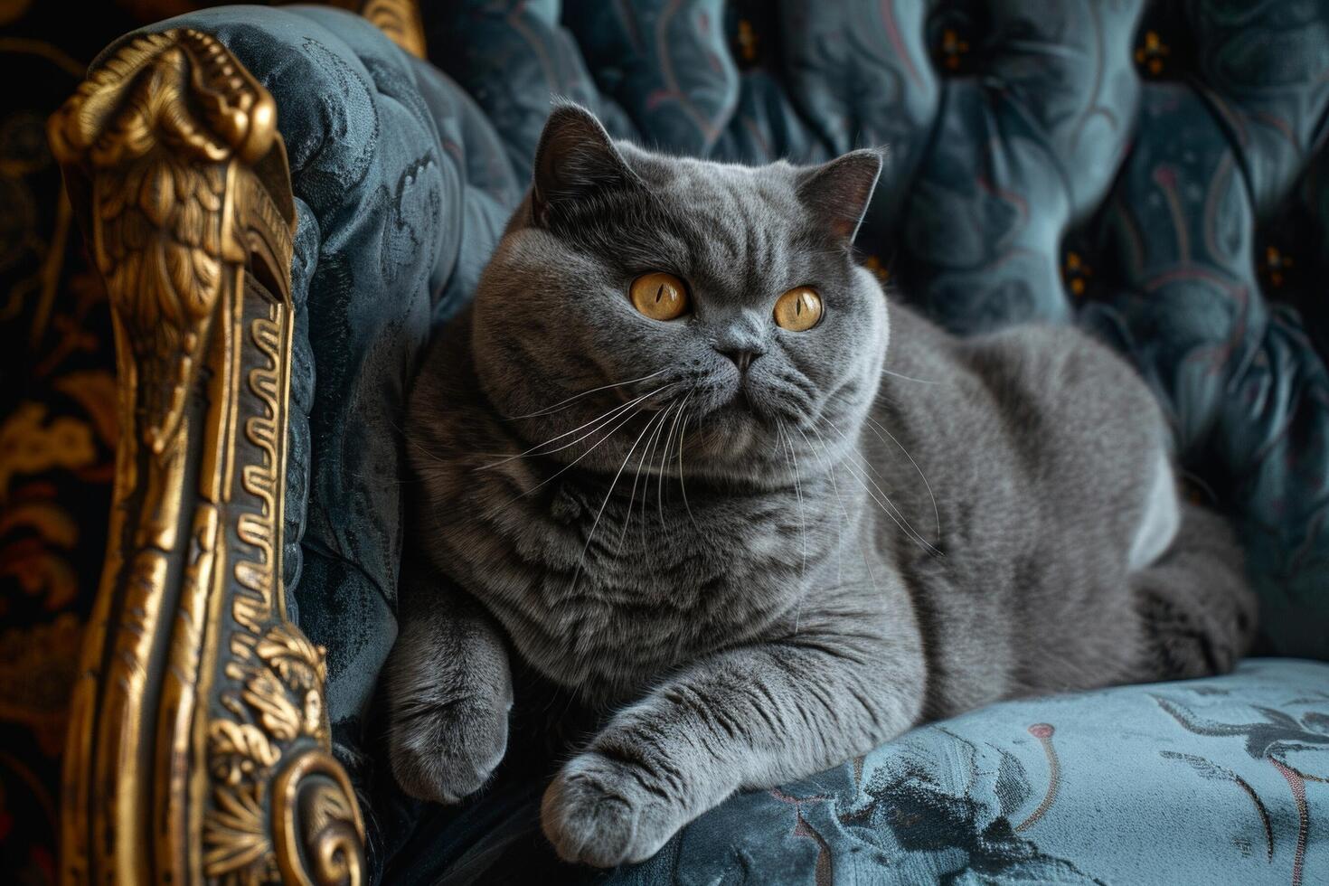 een majestueus Brits kort haar kat zittend vorstelijk Aan een fluweel troon, haar dicht jas glinsterende met tinten van blauw en zilver foto