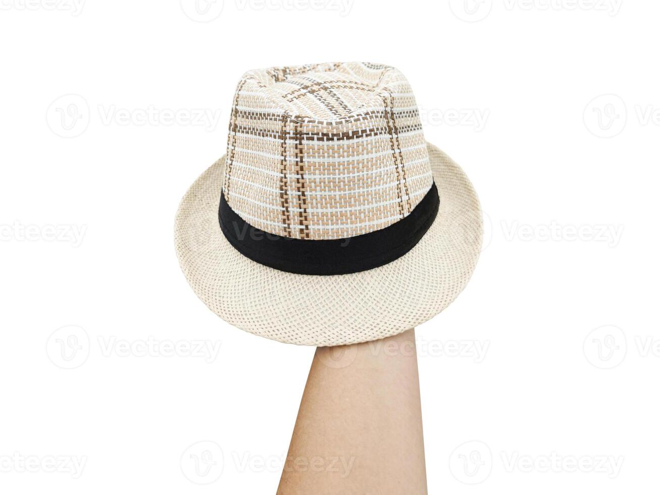 rietje hoed Aan man's hand- geïsoleerd wit achtergrond foto