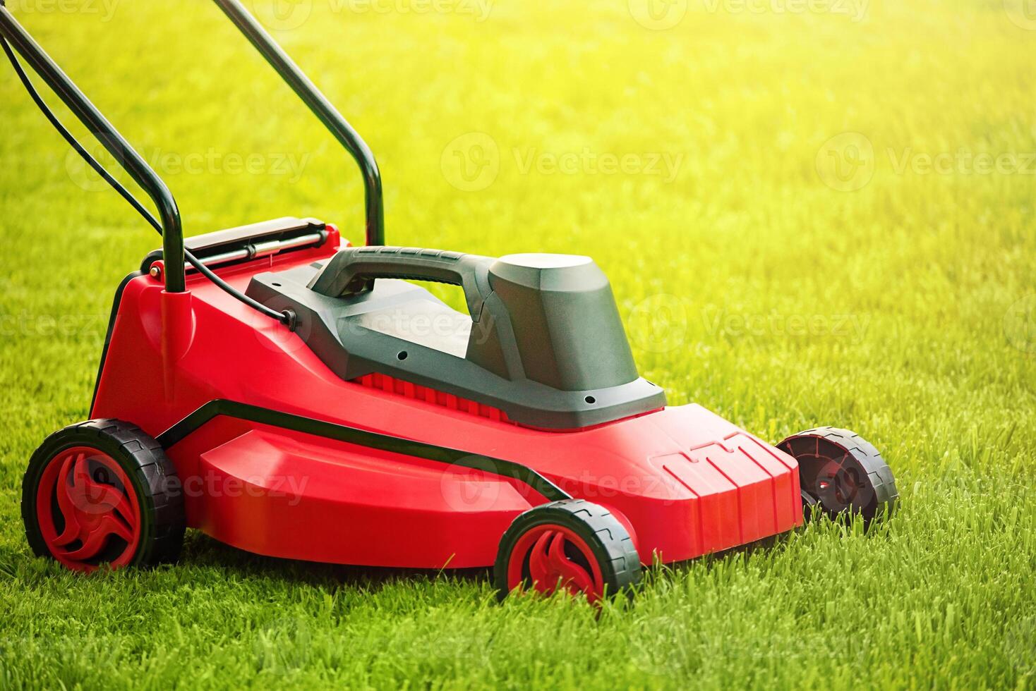 grasmaaier Aan groen gras. gras maaien de gazon. foto