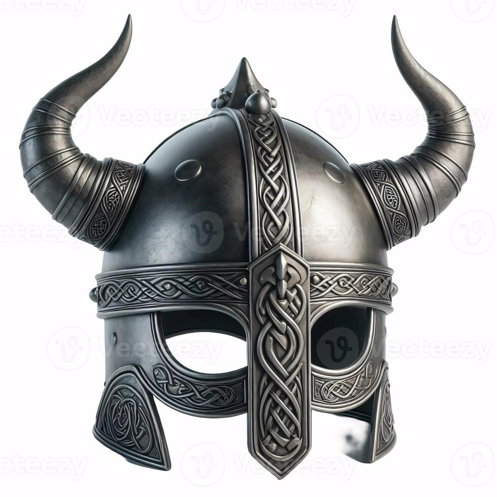 een viking helm met twee hoorns, gemaakt van metaal met een keltisch knoop ontwerp in de omgeving van de bodem foto