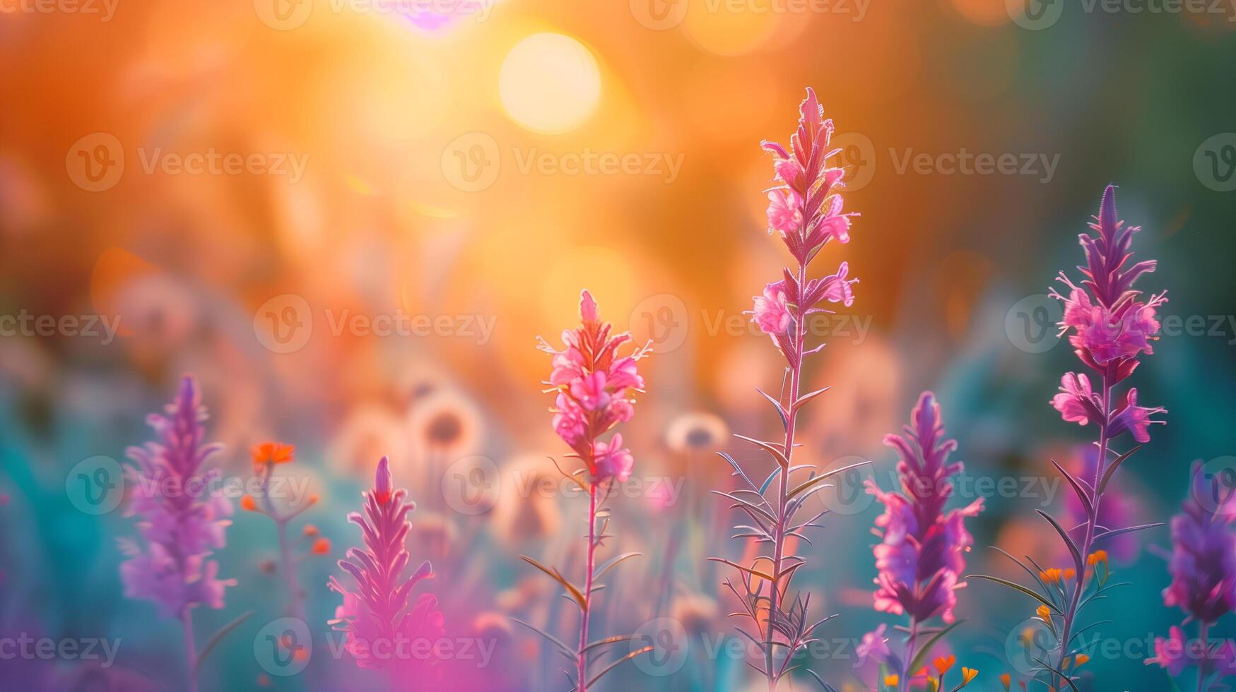 mooi veld- van Purper bloemen in zonsondergang licht foto