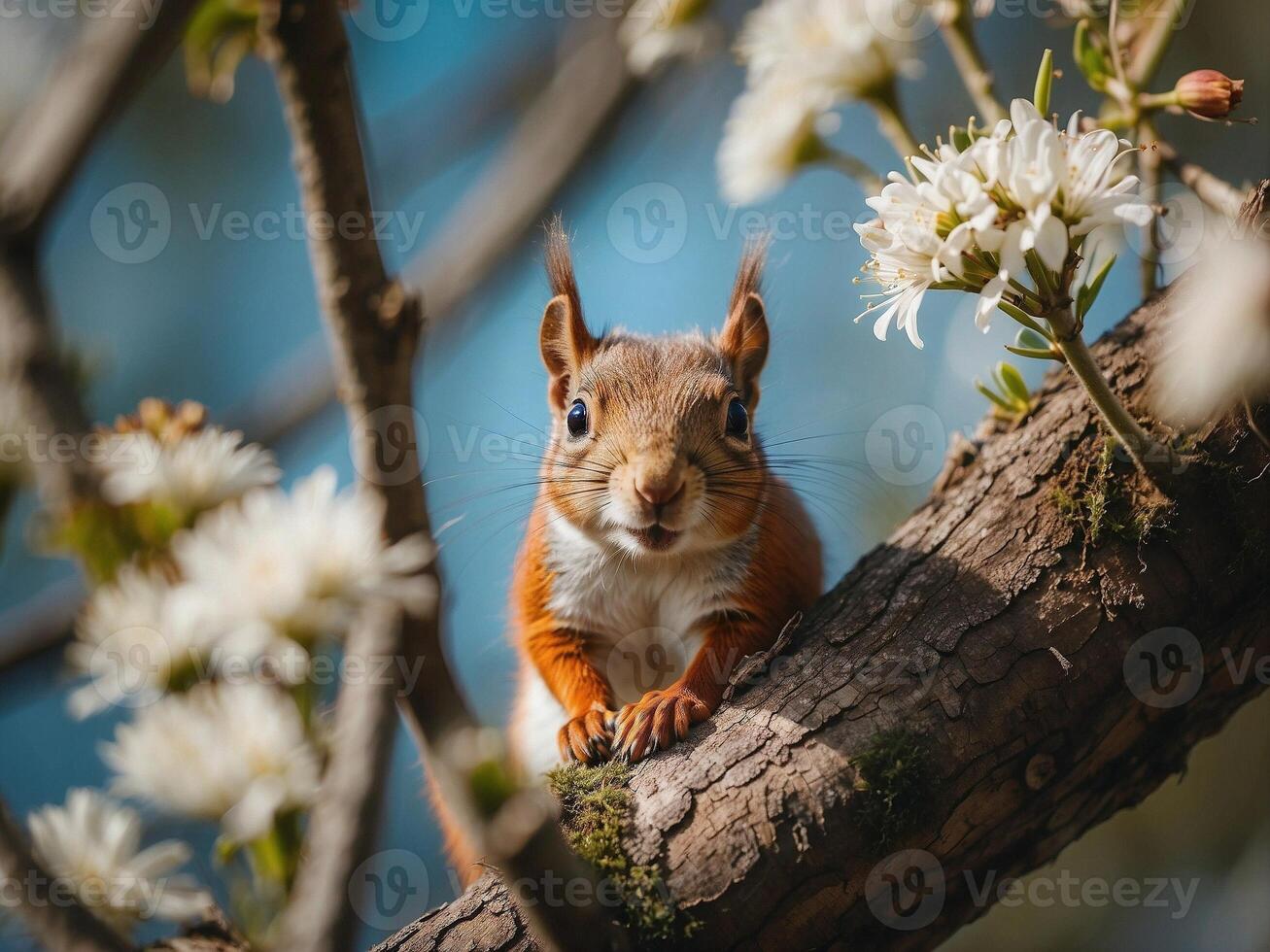 detailopname van een schattig eekhoorn zittend Aan een Afdeling boom met bloemen foto