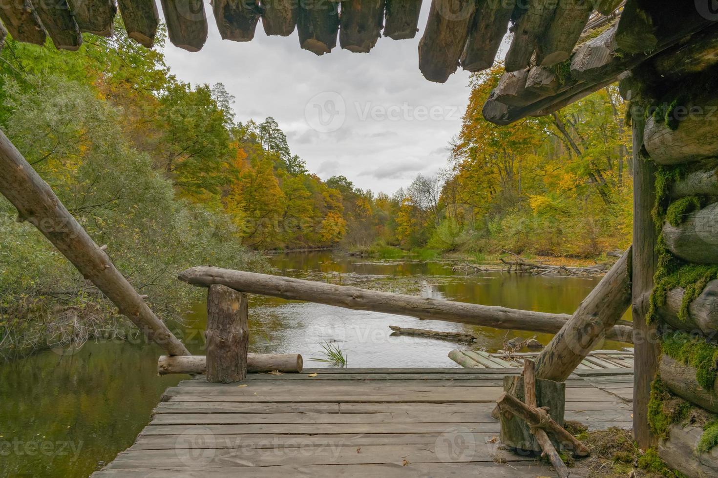 oude houten hut in het herfstbos bezaaid met bladeren foto