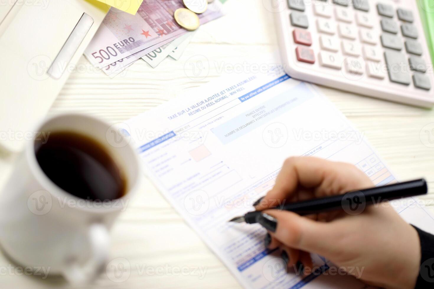 accountant vullen Frans belasting het formulier 10963 waarde toegevoegd belasting en vergelijkbaar belastingen in einde van belasting periode. belastingheffing en papierwerk routine- foto