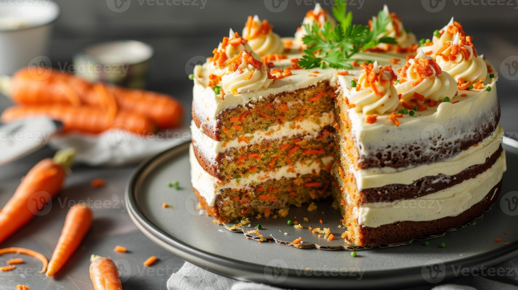 heerlijk wortel taart met gelaagde glimmertjes en decadent suikerglazuur Aan een fijnproever toetje bord foto