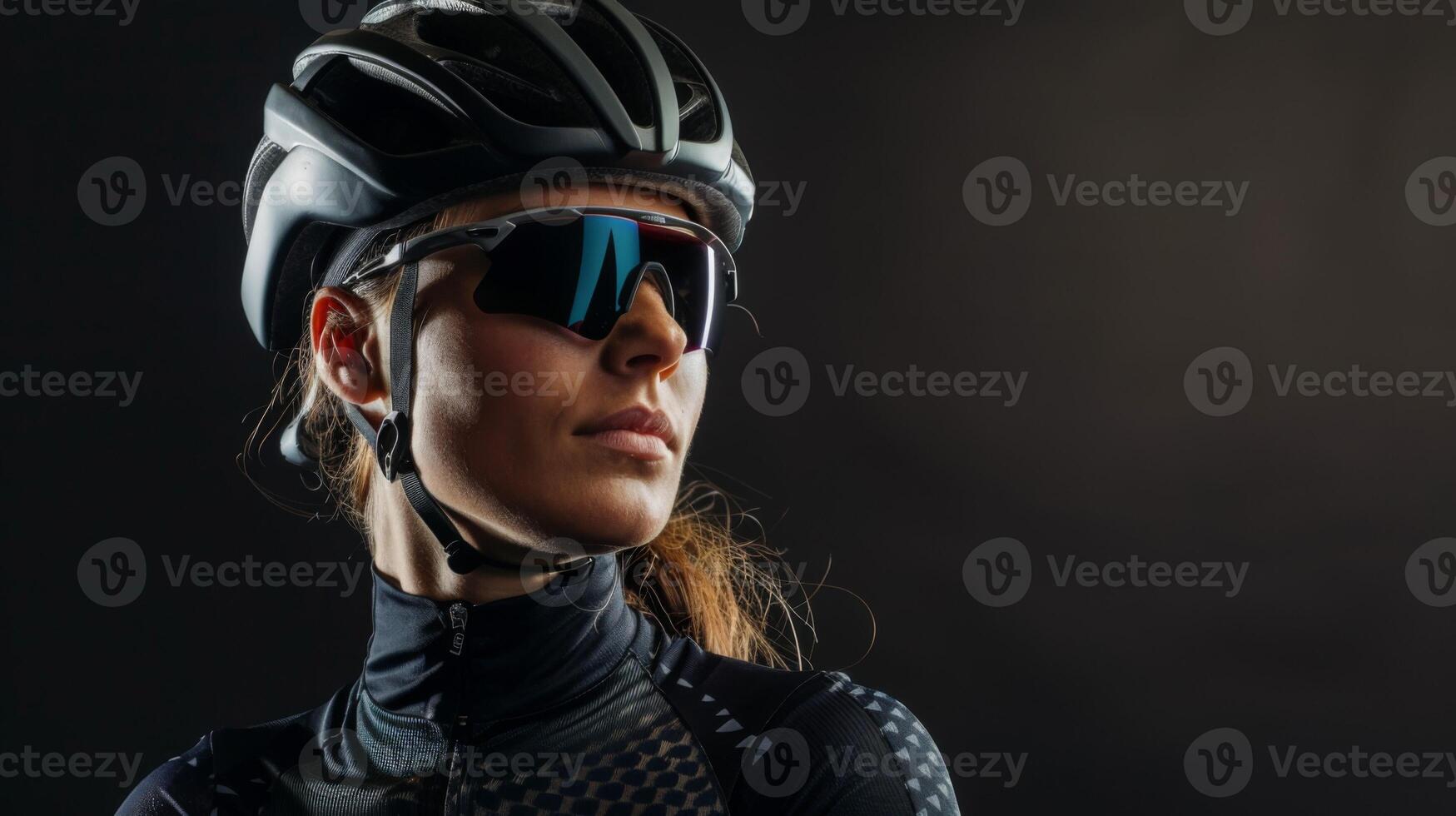 actief vrouw fietser in helm en zonnebril poses vol vertrouwen in sportkleding foto