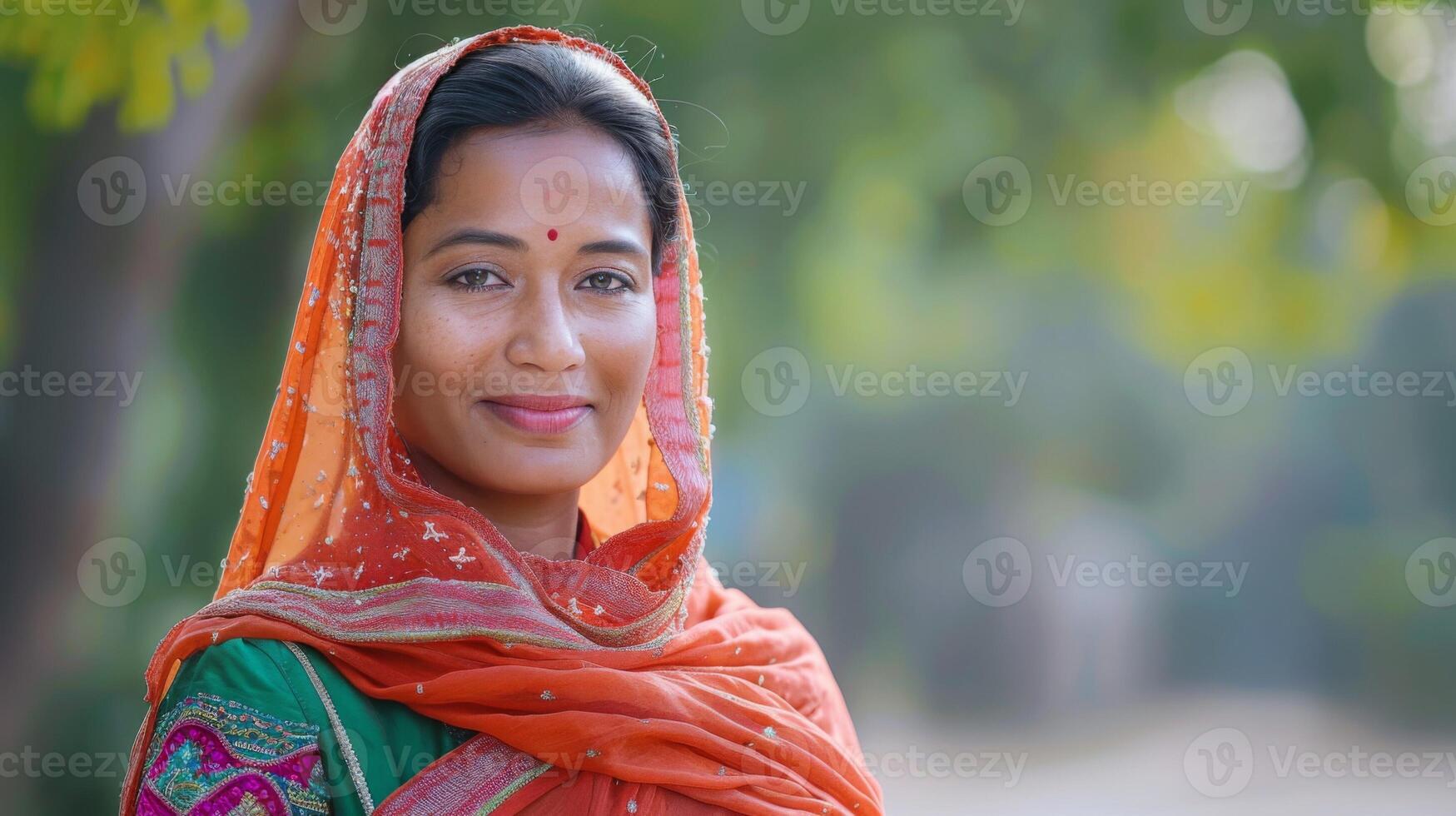 traditioneel Indisch vrouw in oranje sari met een bevallig glimlach en cultureel elegantie foto