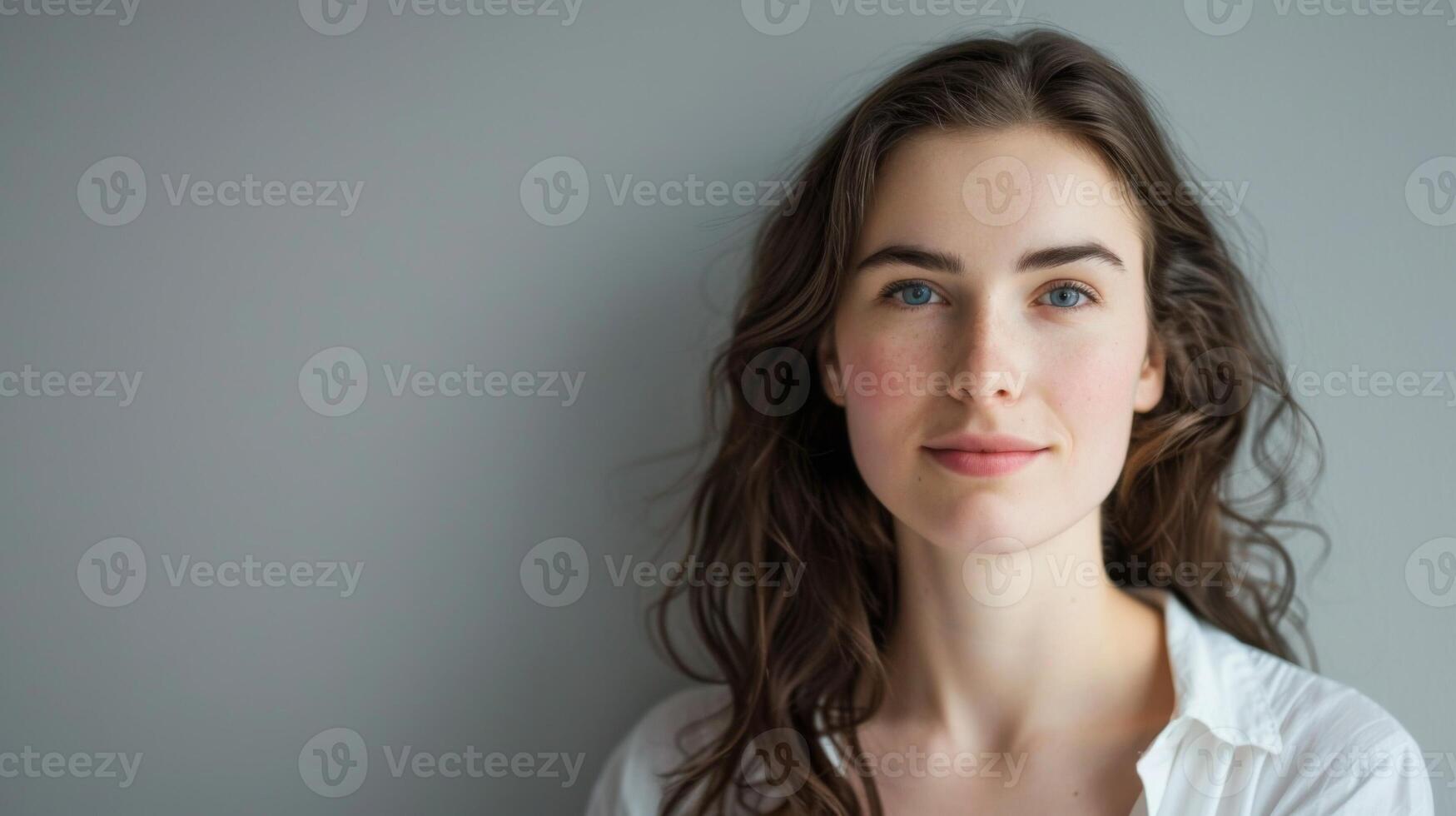 sereen Zwitsers vrouw in een mooi portret met zelfverzekerd blauw ogen en natuurlijk elegantie foto