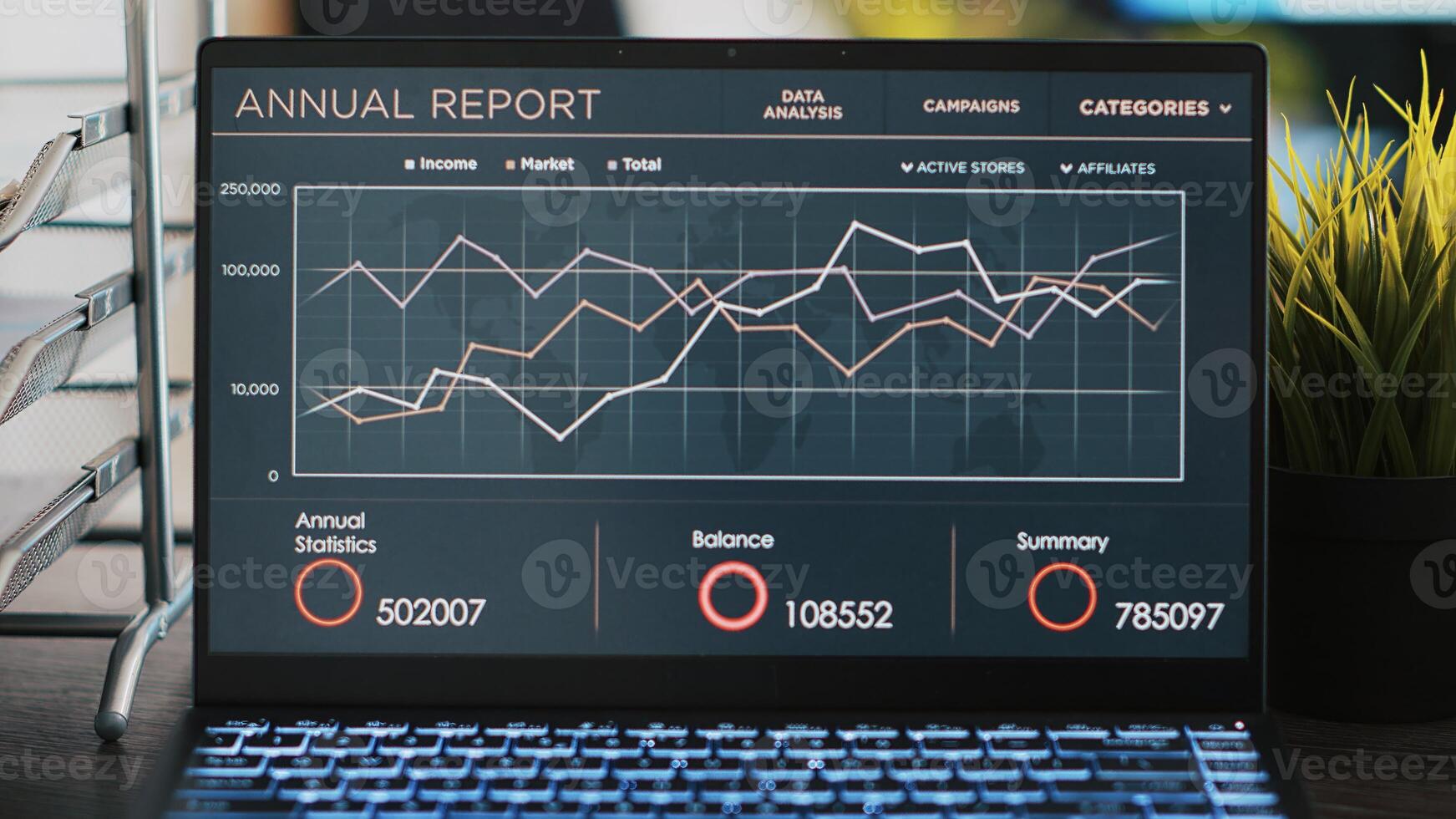 bedrijf diagram en figuren Aan laptop links Open Aan bureau in leeg werkplek, dichtbij omhoog. financieel jaar- verslag doen van grafieken Aan notitieboekje scherm in bedrijf accounting afdeling kantoor, pannen schot foto