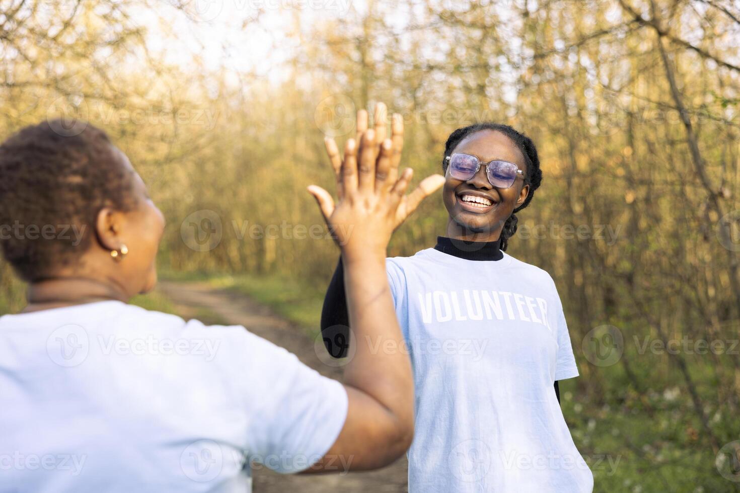 Afrikaanse Amerikaans Dames sharing hoog vijf en wezen gelukkig met de resultaten van de team, feliciteren elk andere na afwerking Woud afval schoonmaken. trots en tevreden met hun werk. foto