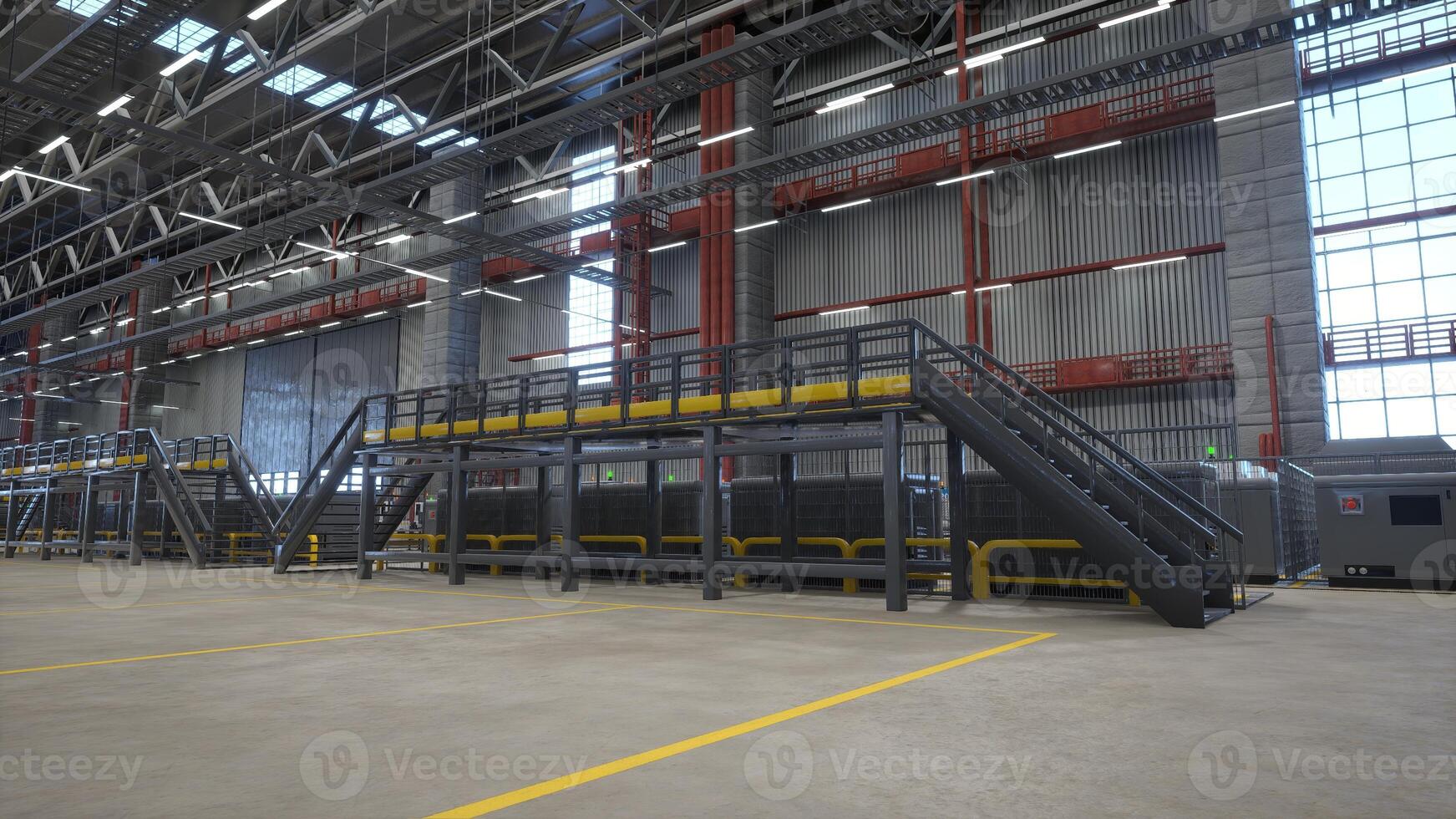 metalen platformen in faciliteit gebruikt voor energie doeltreffend warehousing behandeling distributie en opslagruimte behoeften van ondernemingen, 3d weergave. leeg logistiek, levering keten en distributie hub foto