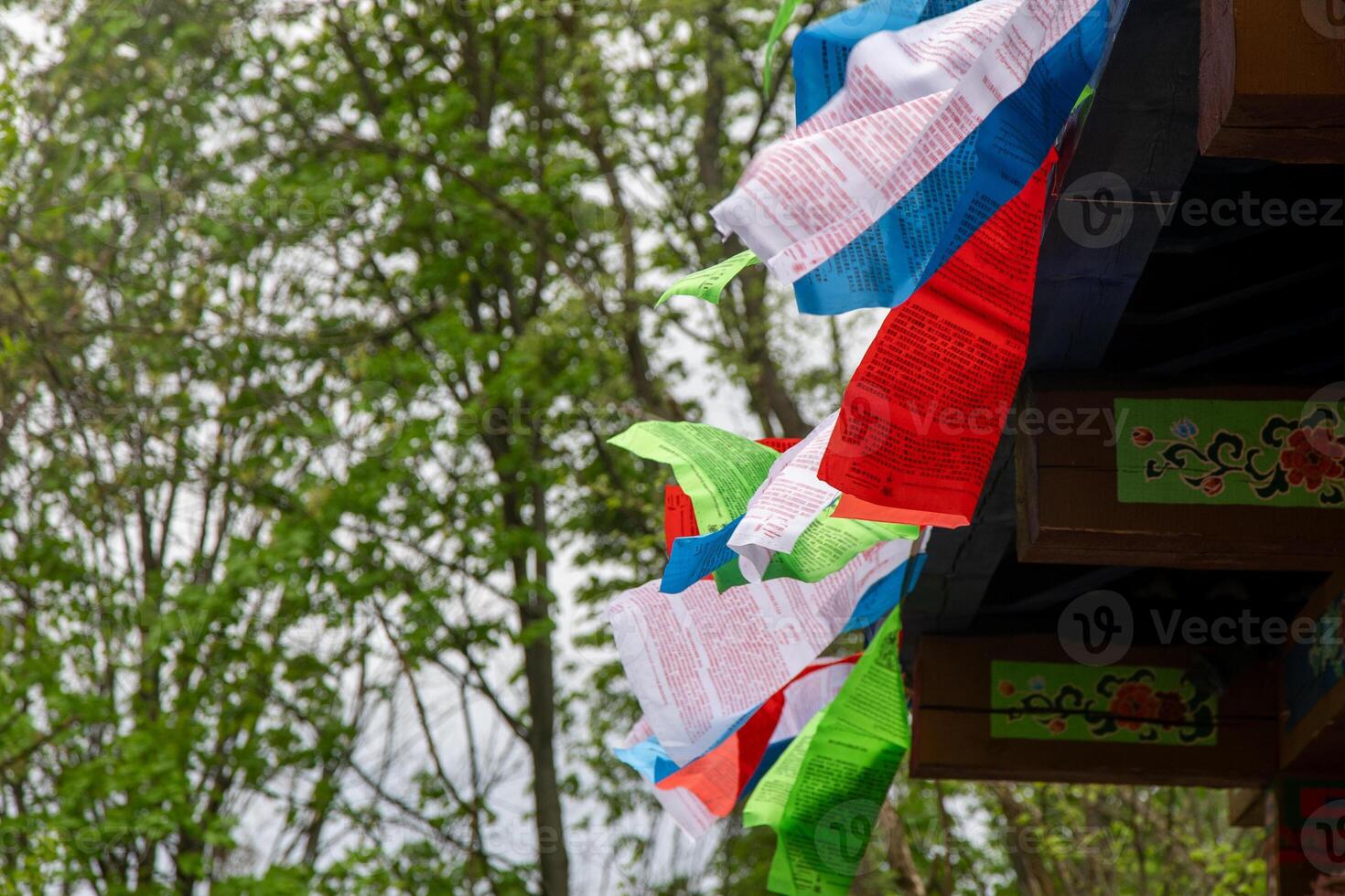 Tibetaans kleurrijk vlaggen met gebeden. Boeddhisme. Tibet gebed vlag. foto