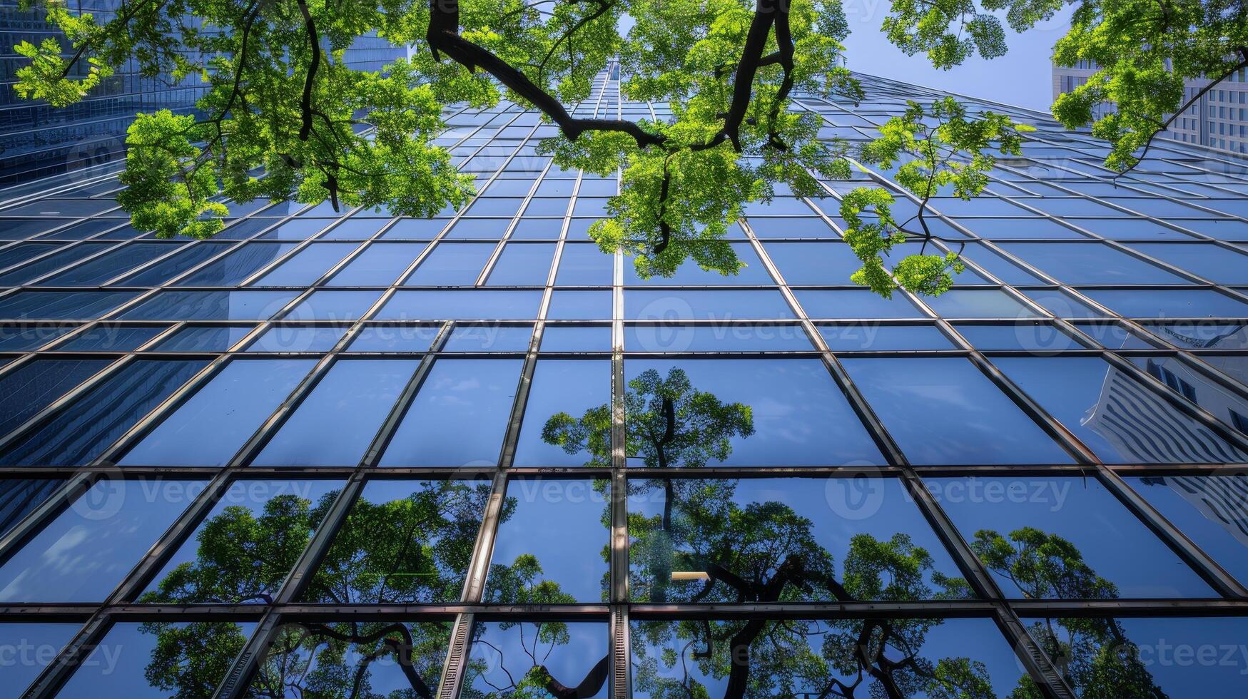 modern eco vriendelijk glas kantoor gebouw met bomen in stedelijk duurzame groen milieu foto