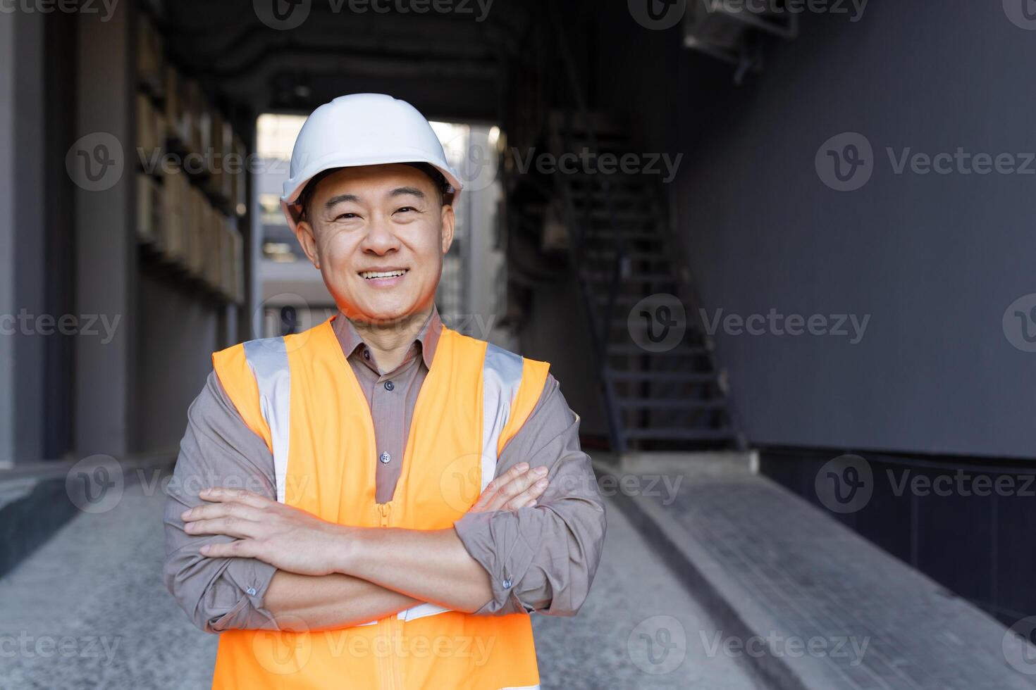 detailopname portret van een Aziatisch jong Mens in een bouw helm en hesje, een werknemer van een bouwkunde stevig, een architect staand in voorkant van de camera glimlachen en kruispunt zijn armen over- zijn borst. foto