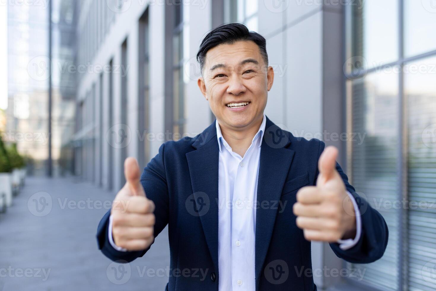 detailopname portret van een jong glimlachen en geslaagd Aziatisch mannetje zakenman staand Aan de straat in de buurt een kantoor centrum, op zoek Bij de camera en tonen de super teken met zijn vingers. foto