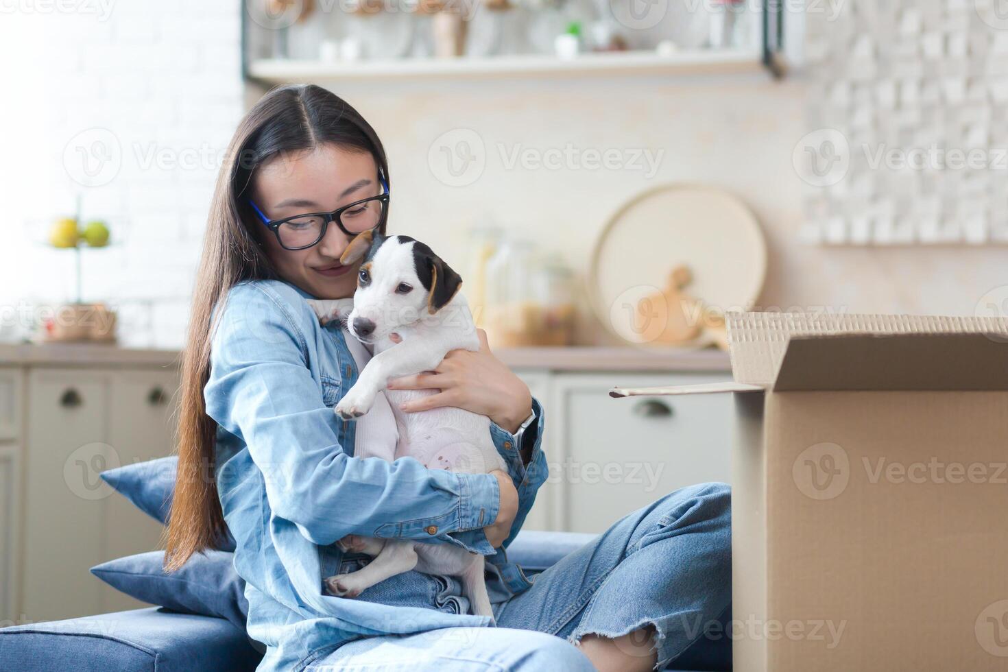 een niet verwacht aangenaam geschenk. een gelukkig en onder de indruk jong Aziatisch vrouw ontvangen een klein hond net zo een geschenk voor haar verjaardag. hij zit Bij huis Aan de sofa in de buurt een groot karton doos, verheugt zich, knuffels de hond. foto