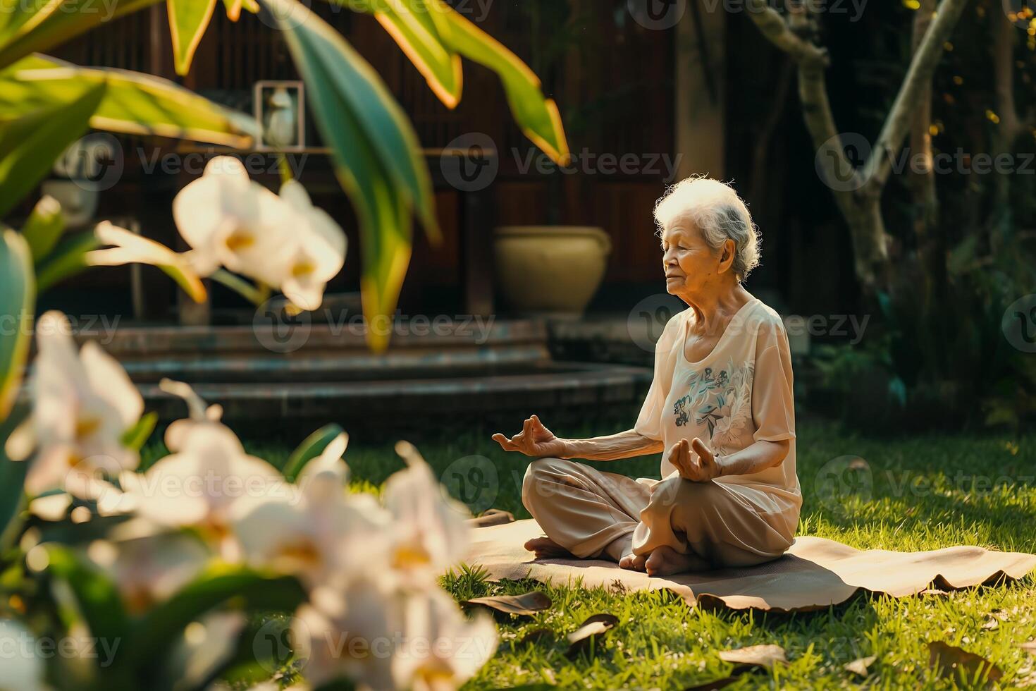 ouderen vrouw is mediteren in een lotus positie in de achtertuin foto