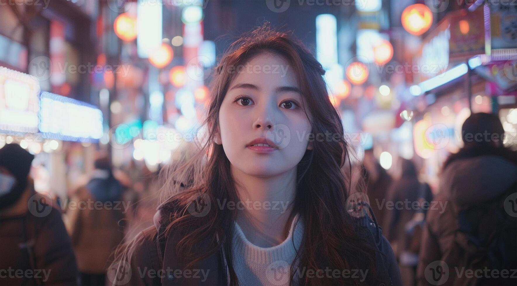 portret van een mooi Aziatisch meisje in de stad Bij nacht foto