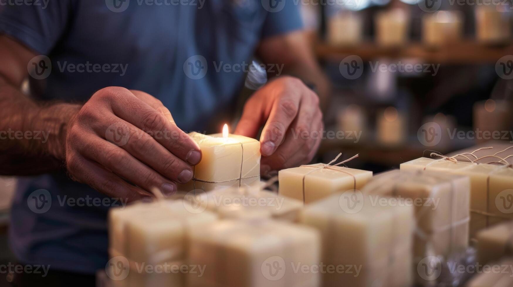 een Mens minutieus wraps zijn afgewerkt kaars in elegant verpakking klaar naar worden verkocht Bij een lokaal ambachtelijk markt foto