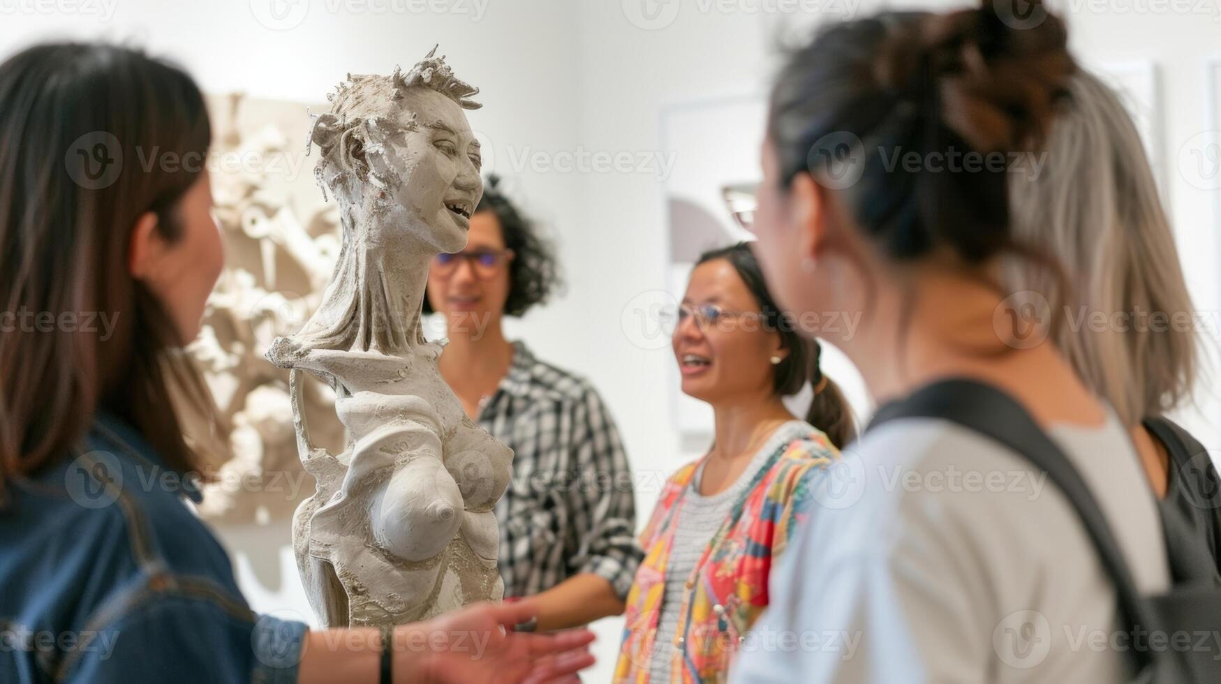 een klein groep verzameld in de omgeving van een artiest net zo ze leg uit de inspiratie achter hun laatste beeldhouwwerk welke staat trots in de midden- van de kamer foto