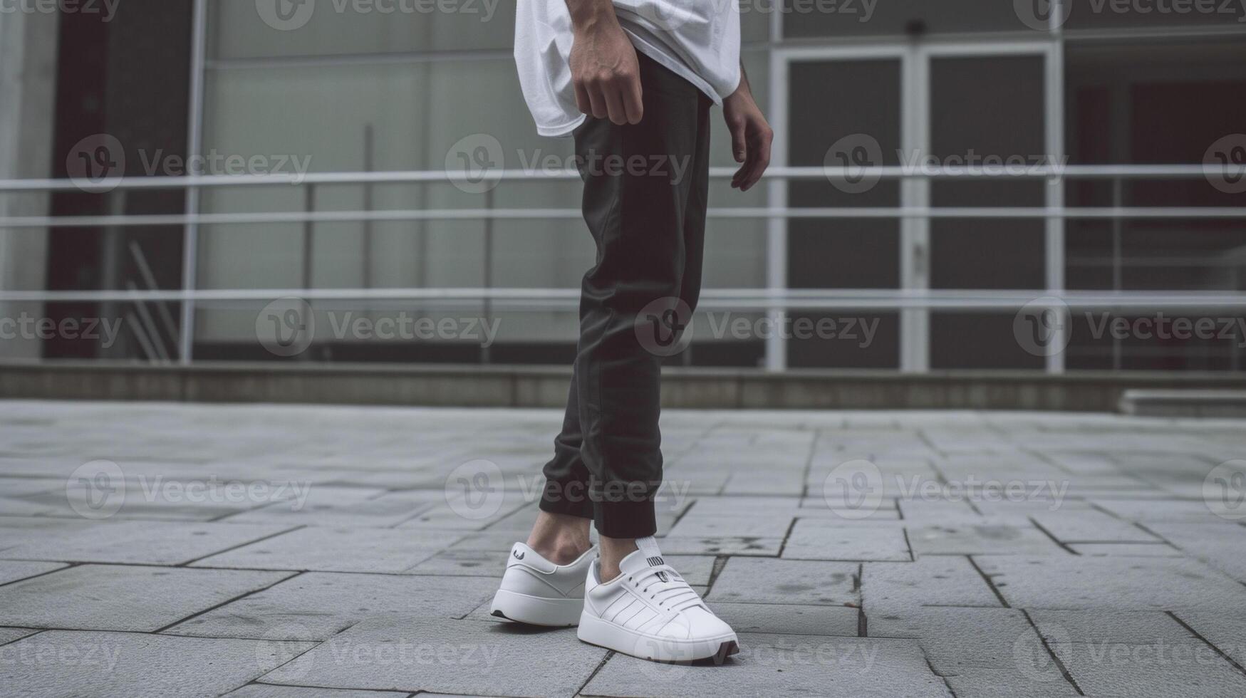 toevoegen een tintje van atletiek naar uw normcore kleding met een paar- van zwart joggers een eenvoudig grijs t-shirt en strak wit trainers perfect voor een dag van rennen boodschappen doen of een casuïstiek foto