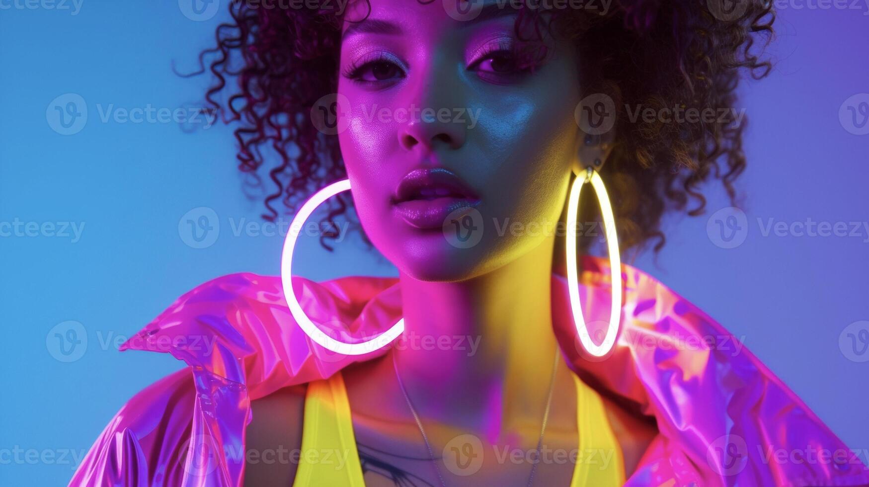 neon nachten omhelzing de helder lichten van de enthousiast met deze Look. een neon geel Bijsnijden top en heet roze fiets shorts zijn bekroond uit met een bij elkaar passen windjak en LED hoepel oorbellen foto