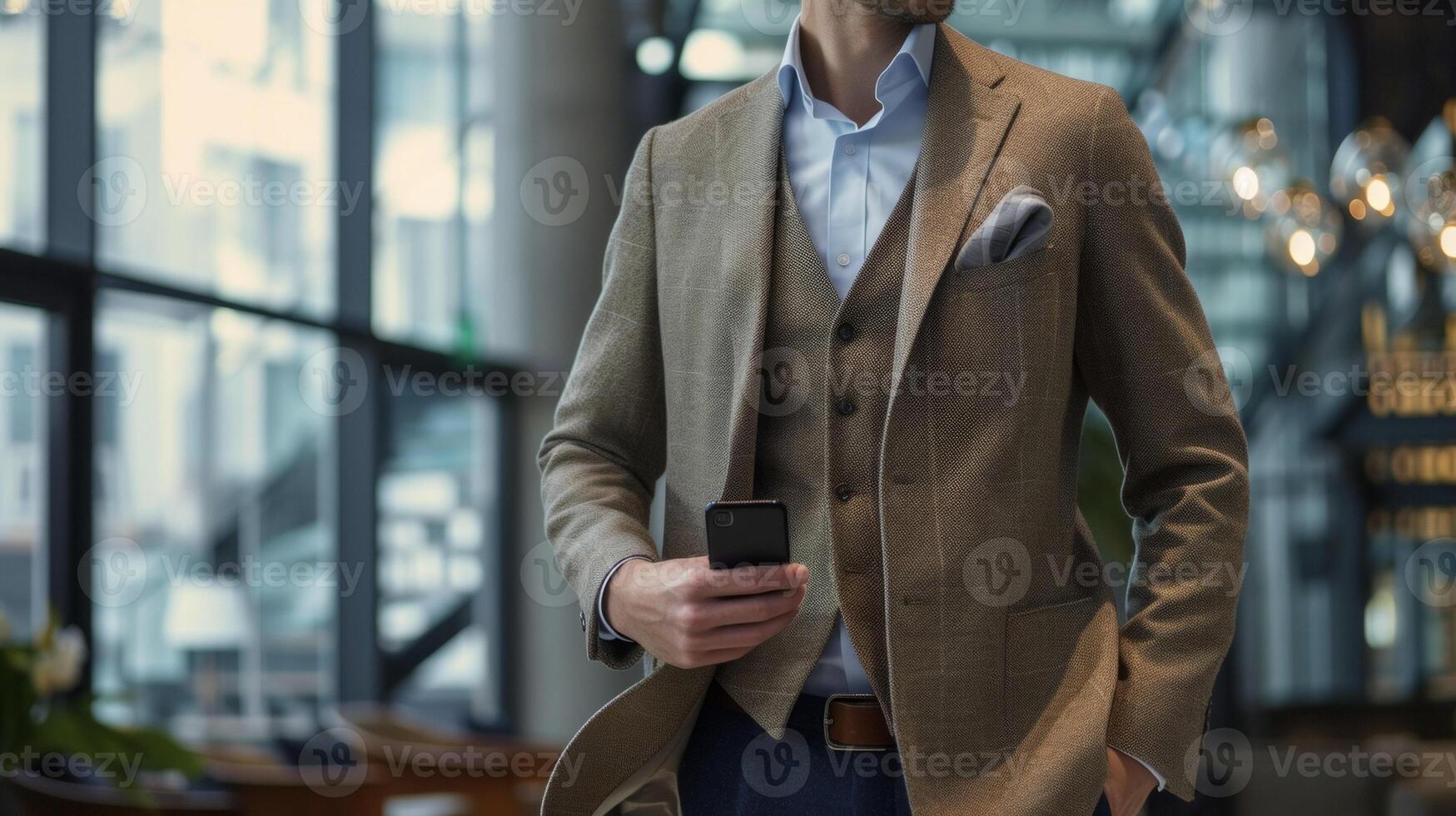 een geavanceerde blazer met verborgen zakken uitgerust met draadloze opladen mogelijkheden voor uw telefoon terwijl Bijwonen een conferentie in een modern conventie centrum foto