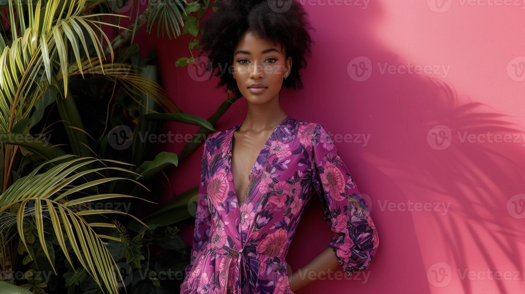 deze tropisch afdrukken jumpsuit is de perfect mengen van elegantie en avontuur met een stoutmoedig magenta en Purper bloemen patroon foto