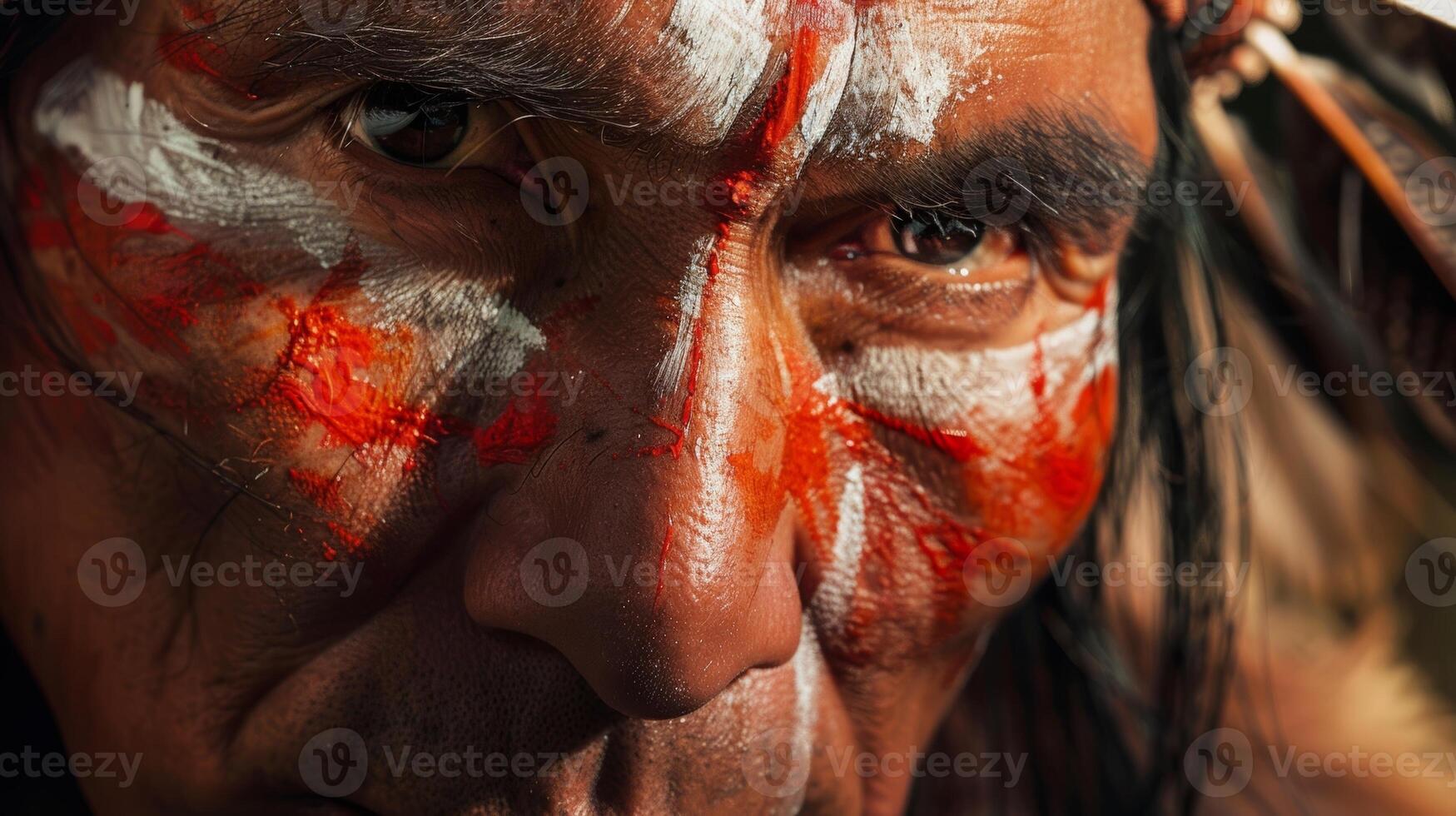 een inheems Amerikaans Mens schilderij zijn gezicht met natuurlijk pigmenten symboliseert sterkte en moed foto