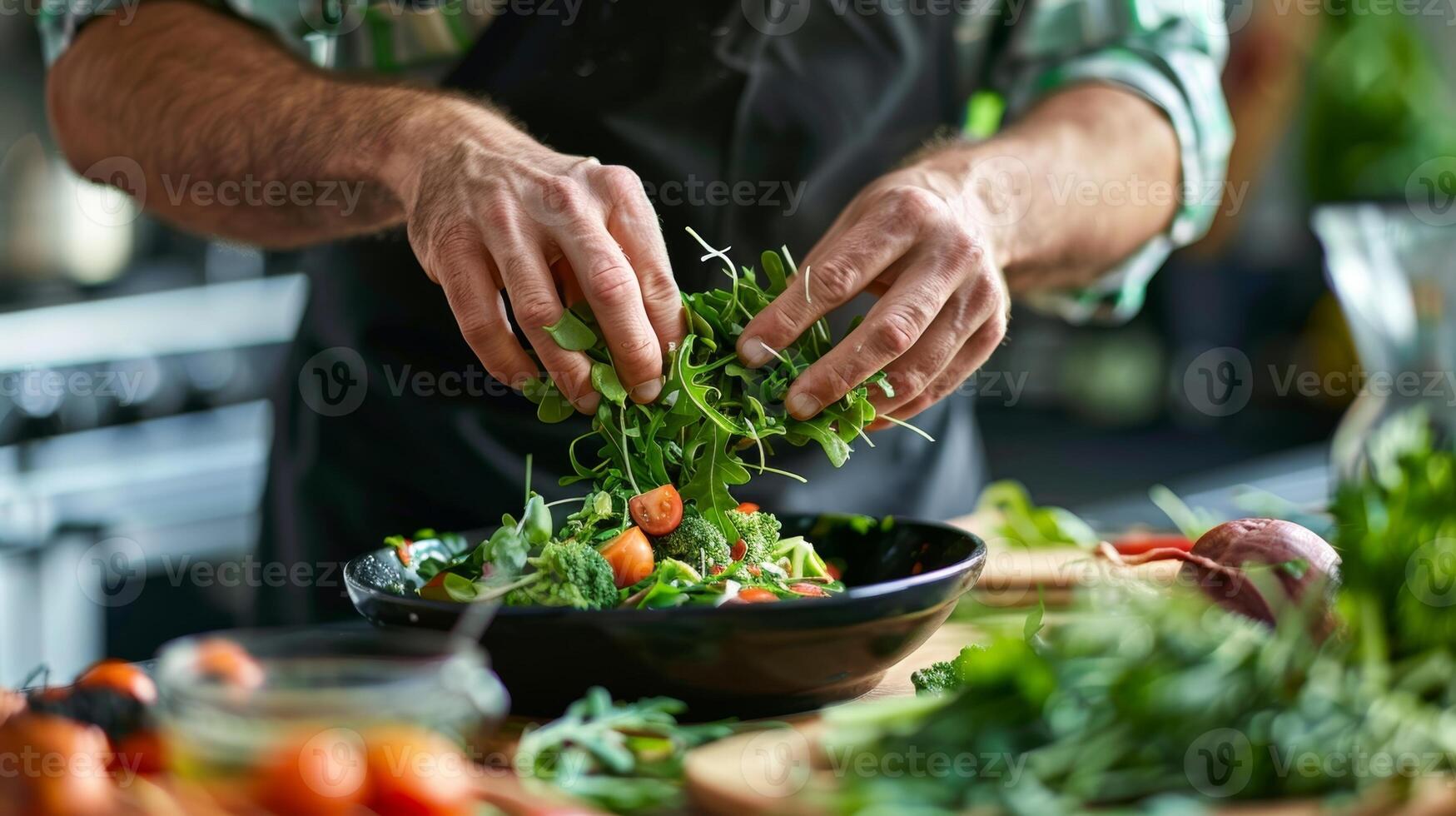 de Mens voegt toe een genereus handvol van bladerrijk Groenen naar zijn schotel weten dat donker bladerrijk groenten zijn Ingepakt met essentieel vitamines en mineralen foto