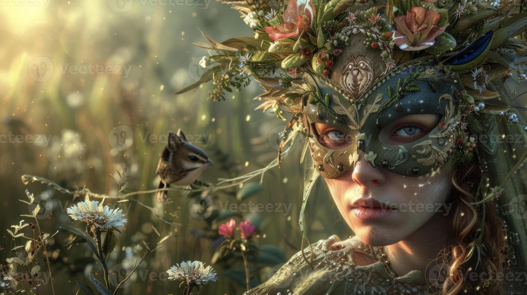 een bos- nimf versierd in aards tonen en etherisch stoffen met een bos- beest masker aan het bedekken hun gezicht. in de achtergrond een zongevlekt weide gevulde met wilde bloemen foto