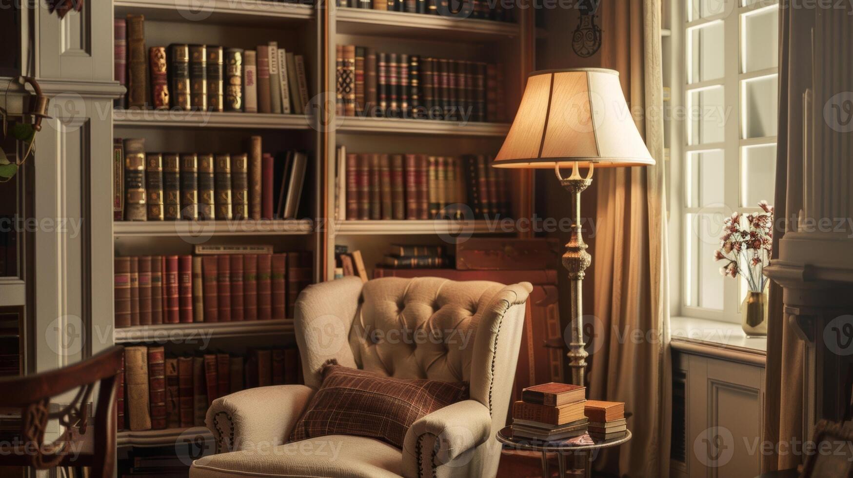een knus lezing hoekje compleet met een pluche fauteuil boekenkasten gevulde met leergebonden boeken en een te groot verdieping lamp voor optimaal lezing voorwaarden foto