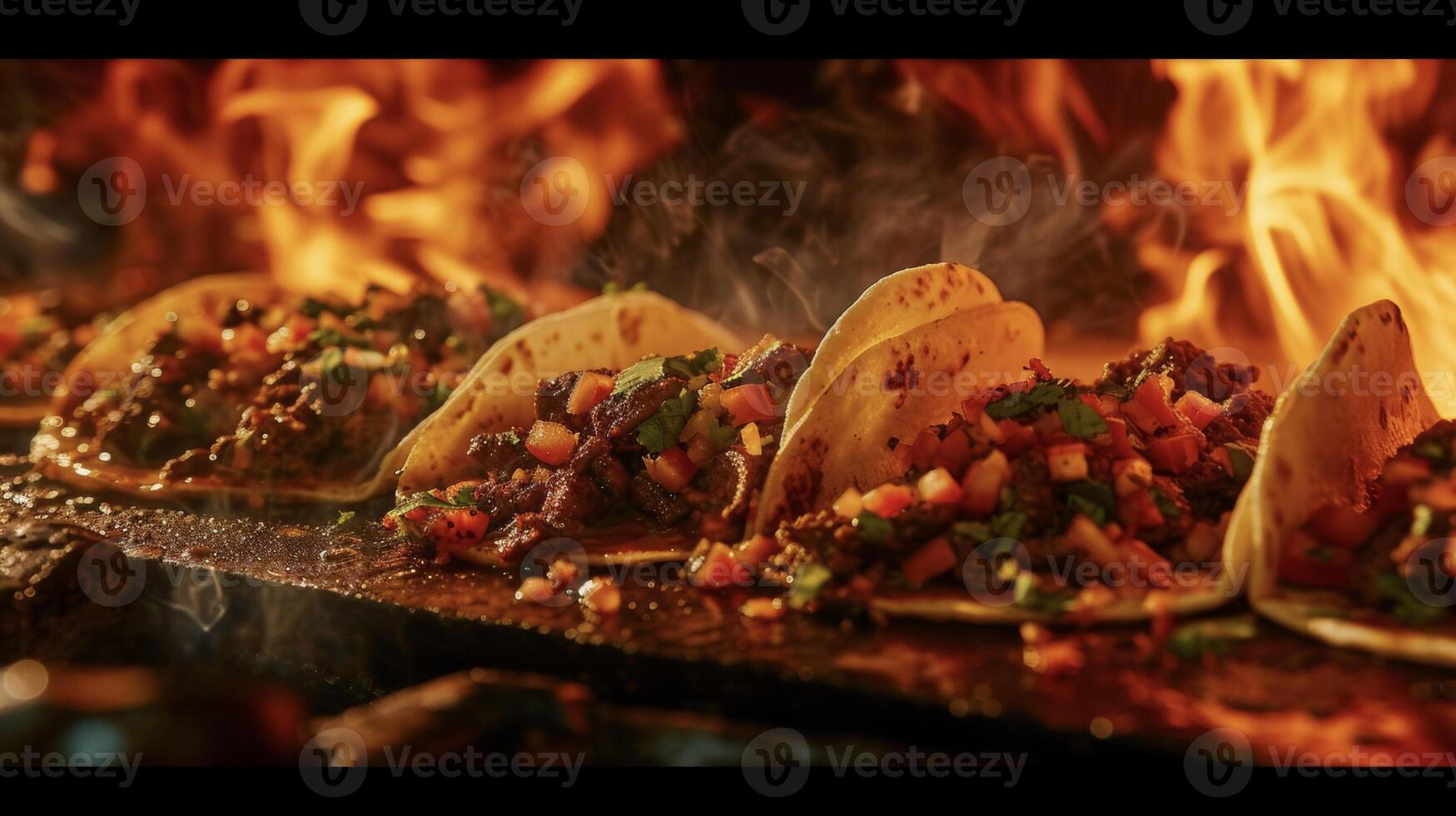 een zintuiglijk overbelasten wacht met deze beeld net zo sissend rundvlees taco's dans Aan een bakplaat vrijgeven verleidelijk geuren en hun krokant randen verbeterd door de flikkeren vlammen ik foto