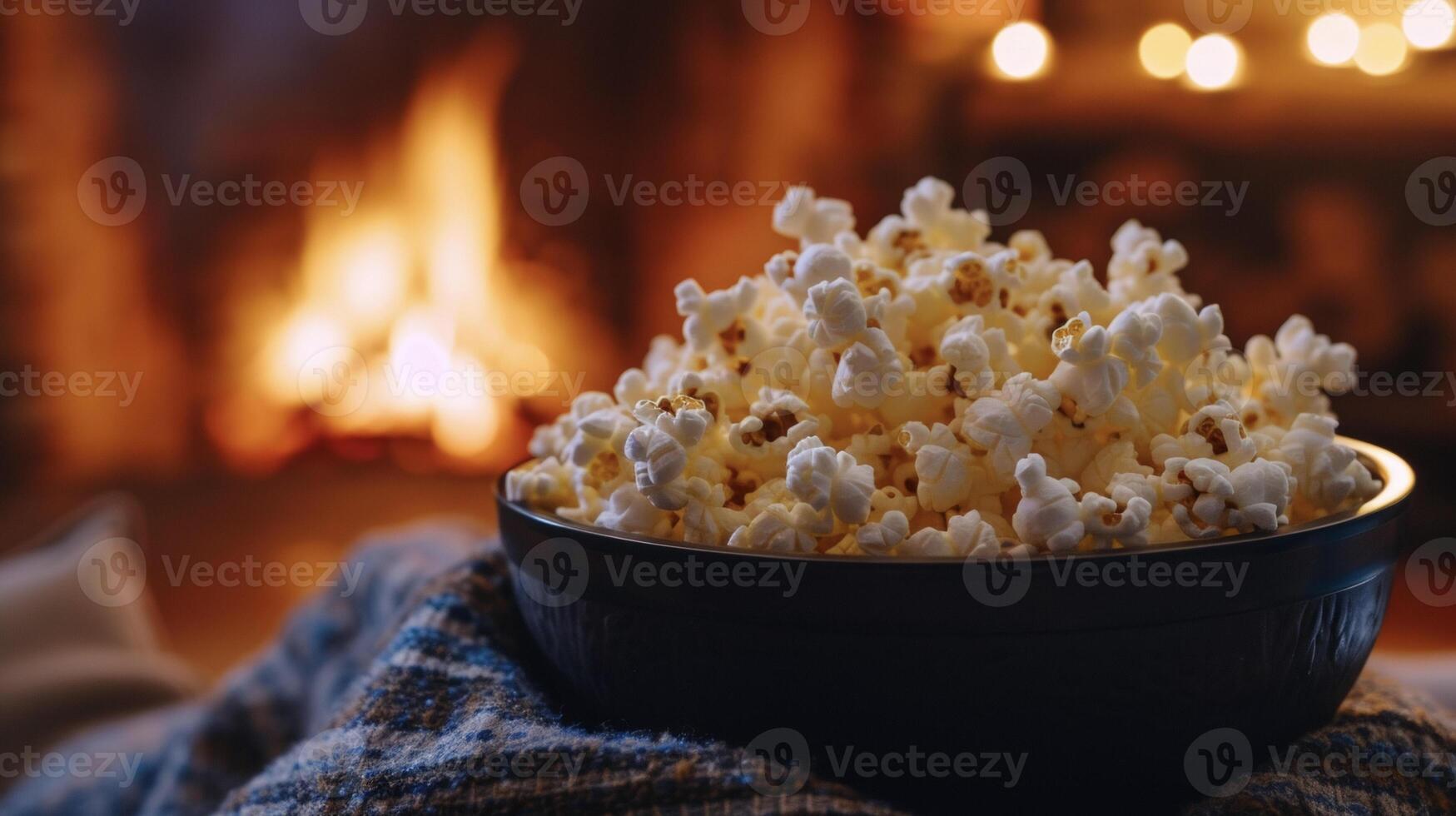 de branden gloed afgietsels een warm licht Aan de kom van pluizig popcorn maken het de perfect begeleiding naar lekker liggen omhoog met voor een film nacht foto