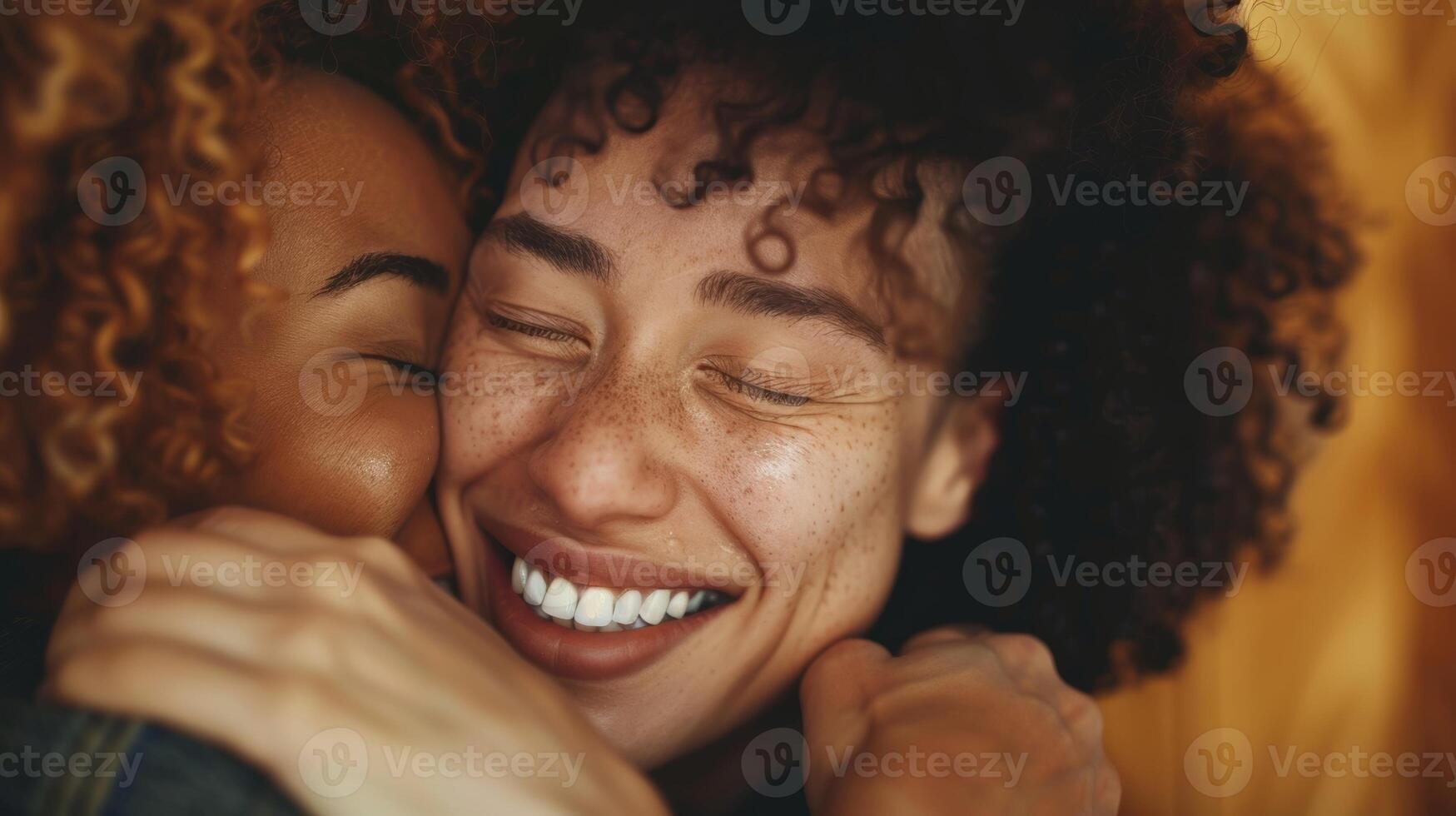 een vrouw omarmt haar vriend tranen van vreugde streaming naar beneden haar gezicht net zo ze vertelt hoe infrarood sauna behandelingen hebben aanzienlijk verminderd haar ongerustheid en verbeterd haar mentaal Gezondheid. foto