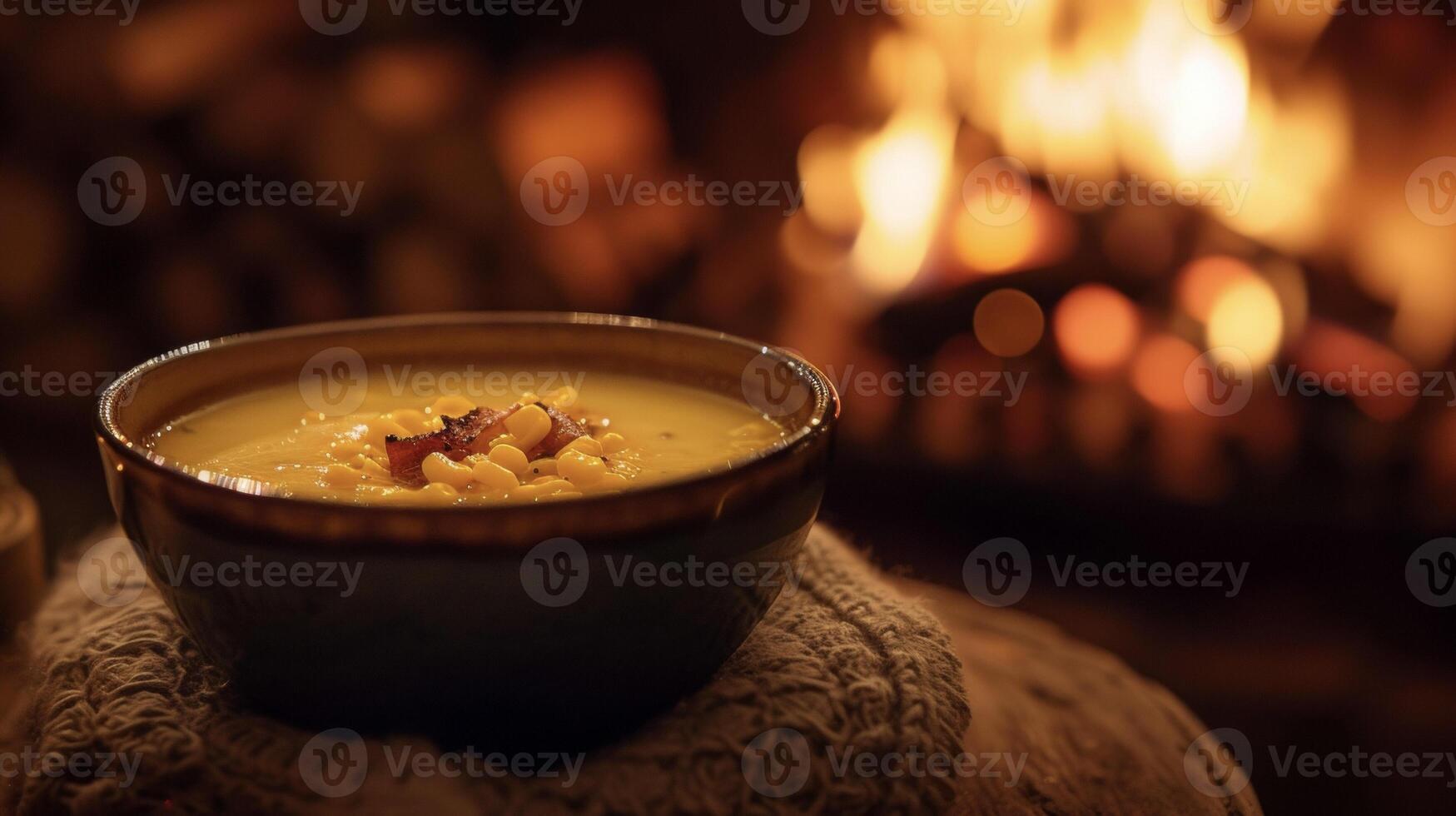 smaak de essence van een knus nacht in met een kom van haardvuur maïs chowder gemaakt met romig bouillon zoet maïs en een tintje van hartig spek allemaal langzaam sudderen door de brand foto