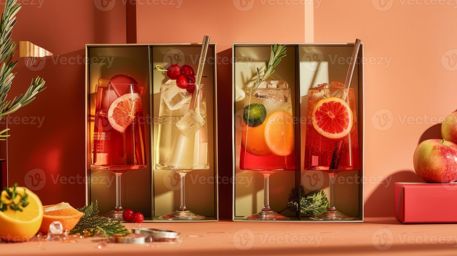 de strak en elegant verpakking van de diy mocktail bouwen uitrusting perfect voor schenken naar vrienden of gebruik makend van net zo een pret werkzaamheid voor een blijf thuis datum nacht foto