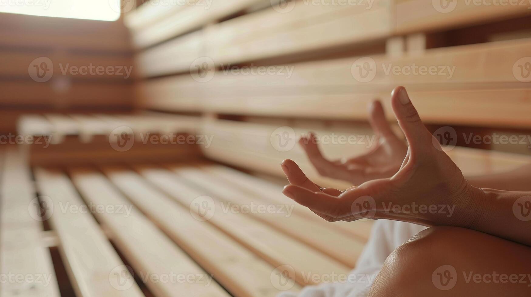 een persoon zittend Aan een houten bank in een sauna ogen Gesloten en handen p in een meditatief mudra net zo ze laat Gaan van hun gedachten en focus Aan hun adem. foto