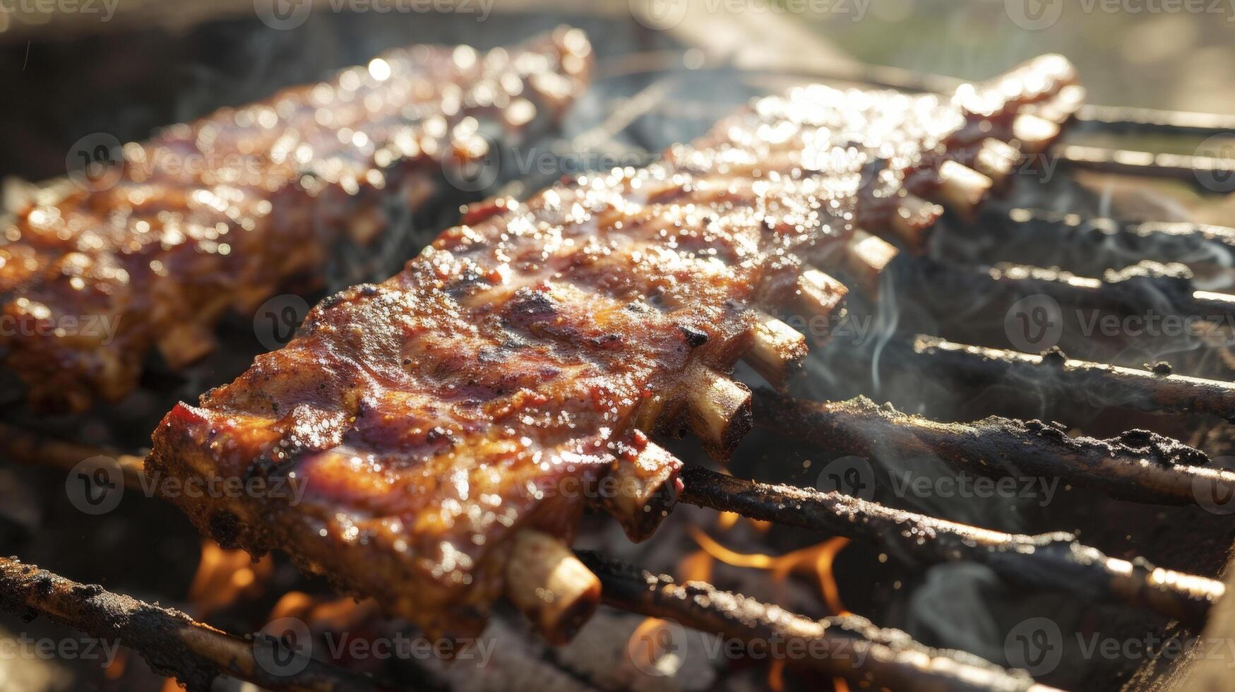 goudbruine ribben glinsterend in de zon net zo ze sissen Aan de heet kolen van een barbecue pit foto