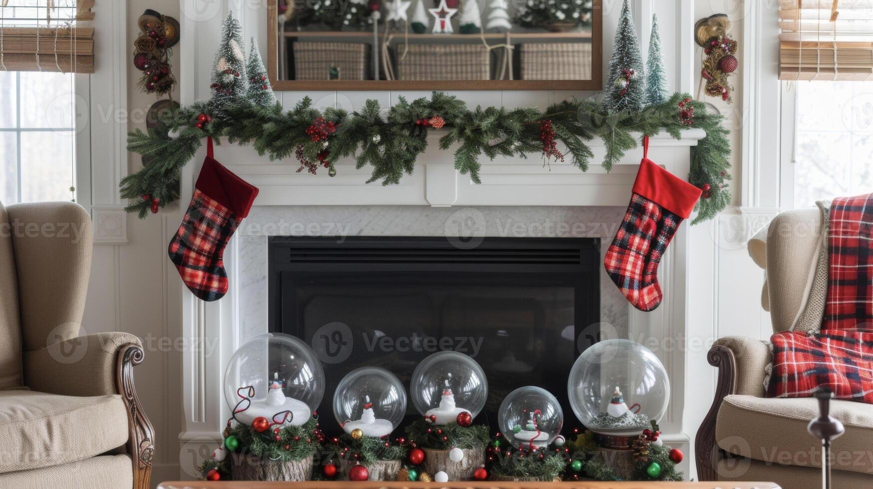 een haard schoorsteenmantel versierd met hulst slingers hangende kousen en een verzameling van diy sneeuw bollen toevoegen een tintje van magie naar de winter decor foto