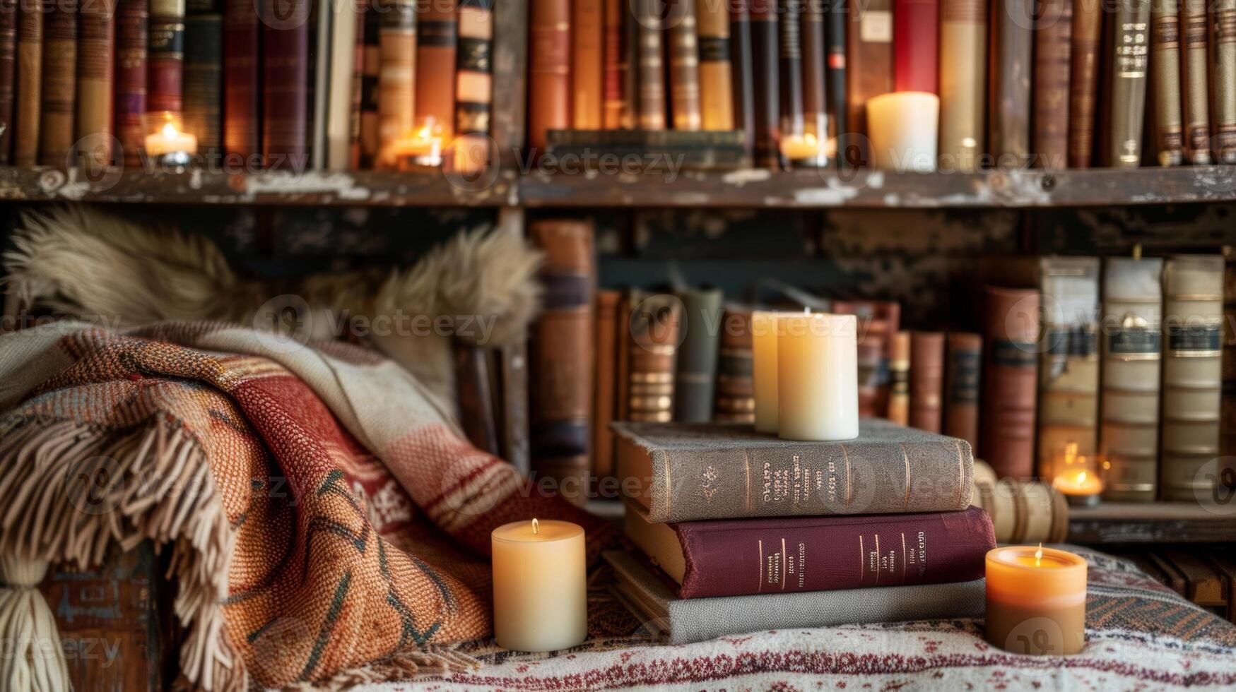 een foto van een boekenplank bekleed met een assortiment van versleten geliefd boeken een weinig kaarsen geteerd gedurende en een paar van knus Gooi dekens dd over- de bodem plank