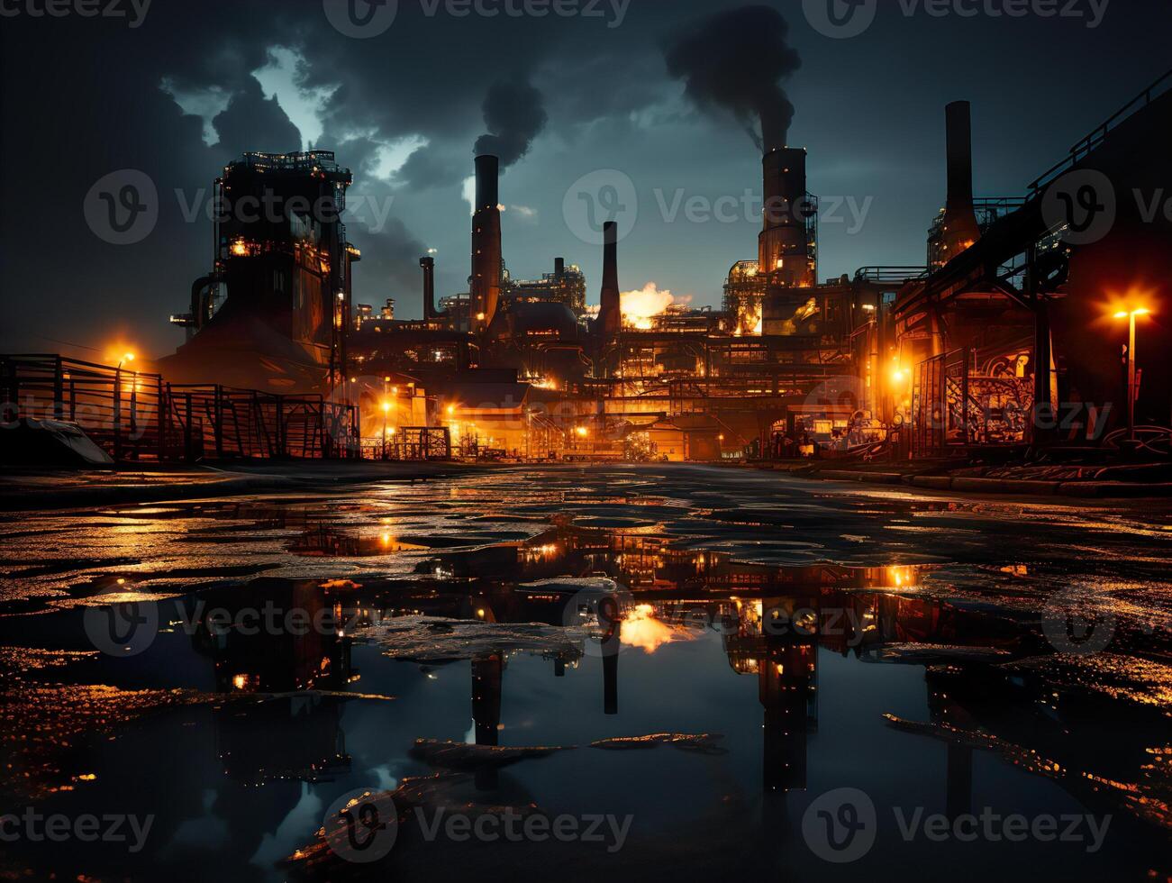ai gegenereerd nacht fabriek fabriek roken schoorstenen generatief ai foto