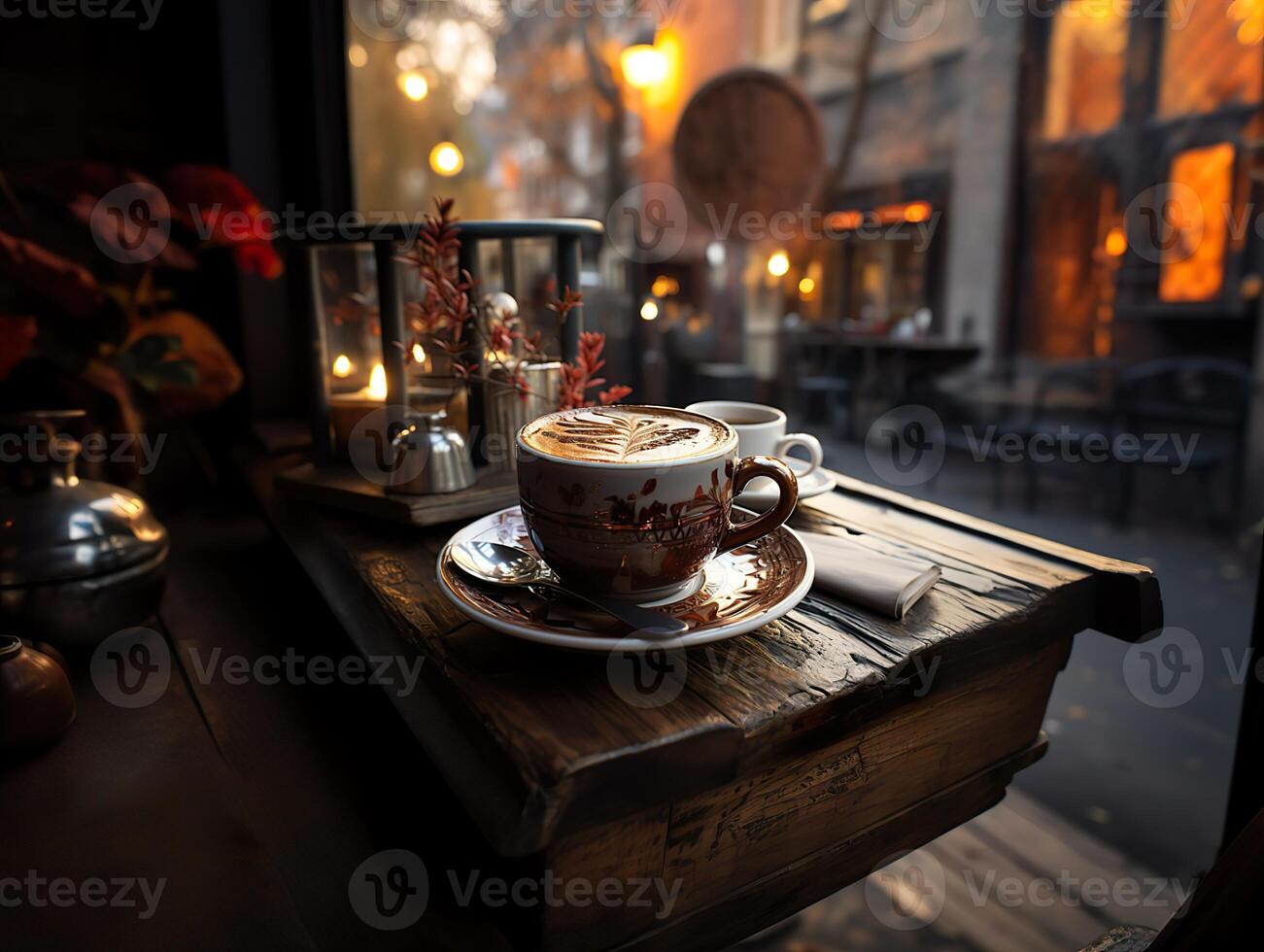 ai gegenereerd een kop van koffie Aan een houten tafel in een restaurant generatief ai foto