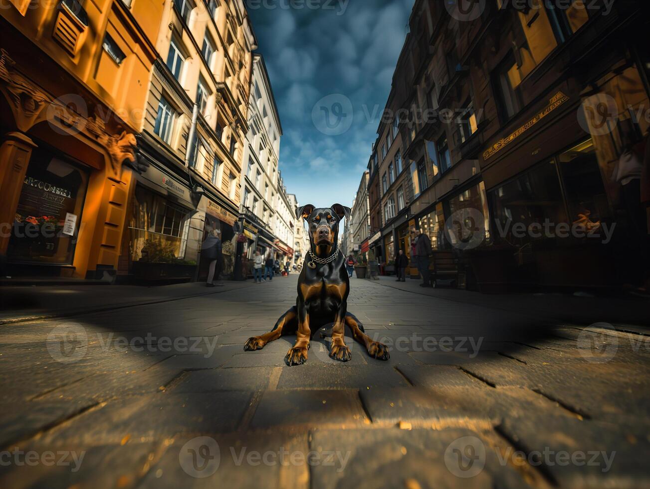 ai gegenereerd doberman staat Aan de straat en looks Bij de camera, generatief ai foto