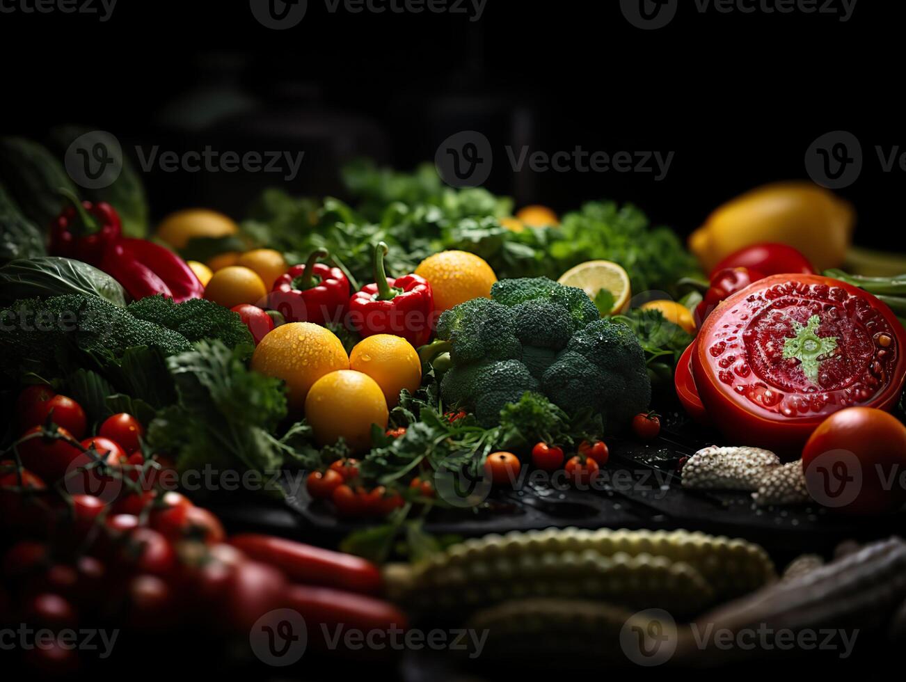 ai gegenereerd geassorteerd groenten en fruit Aan een donker achtergrond generatief ai foto