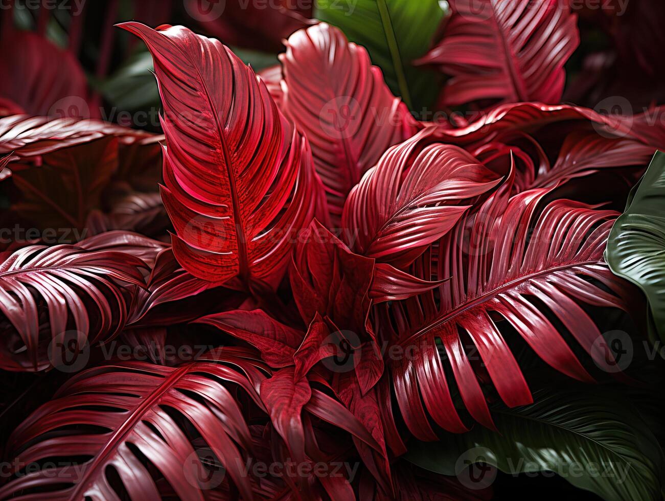 ai gegenereerd mooi rood oerwoud van weelderig palm bladeren generatief ai foto