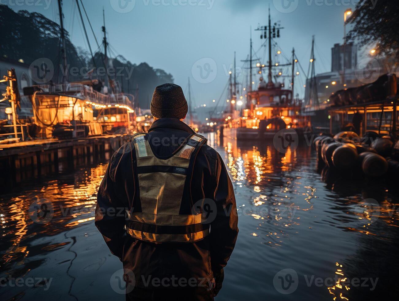 ai gegenereerd haven arbeiders Aan de achtergrond van schepen, visie van de terug generatief ai foto