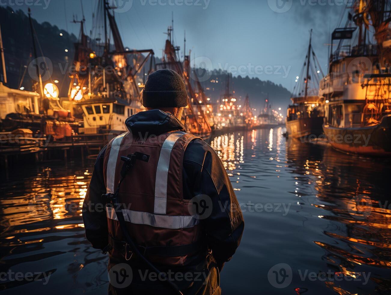 ai gegenereerd haven arbeiders Aan de achtergrond van schepen, visie van de terug generatief ai foto